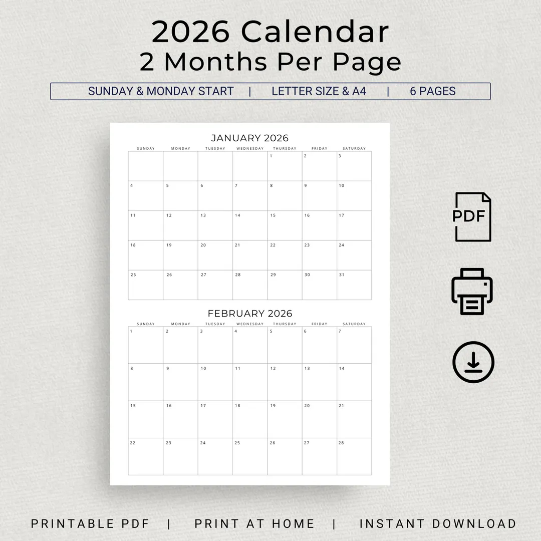 2026 2 Month Calendar 2026 Planner 2 Months Per Page Minimalist Monthly Desk Calendar Wall 2026 Printable PDF A4 Letter Instant Download Etsy