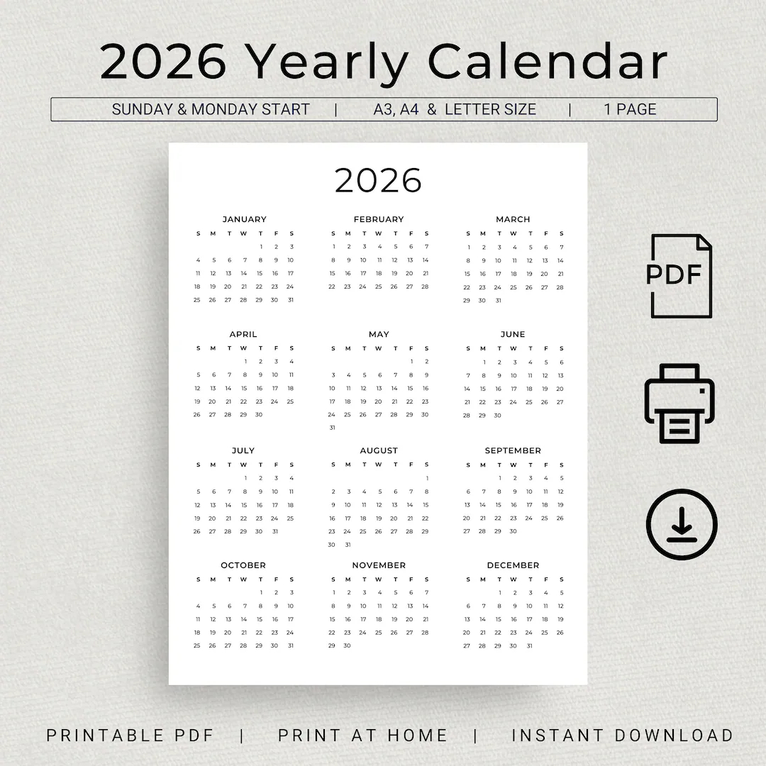 2026 Calendar 2026 Yearly Calendar Printable 2026 Wall Calendar 2026 Year At A Glance Minimalist Calendar A3 A4 Letter Monday Sunday Start Etsy