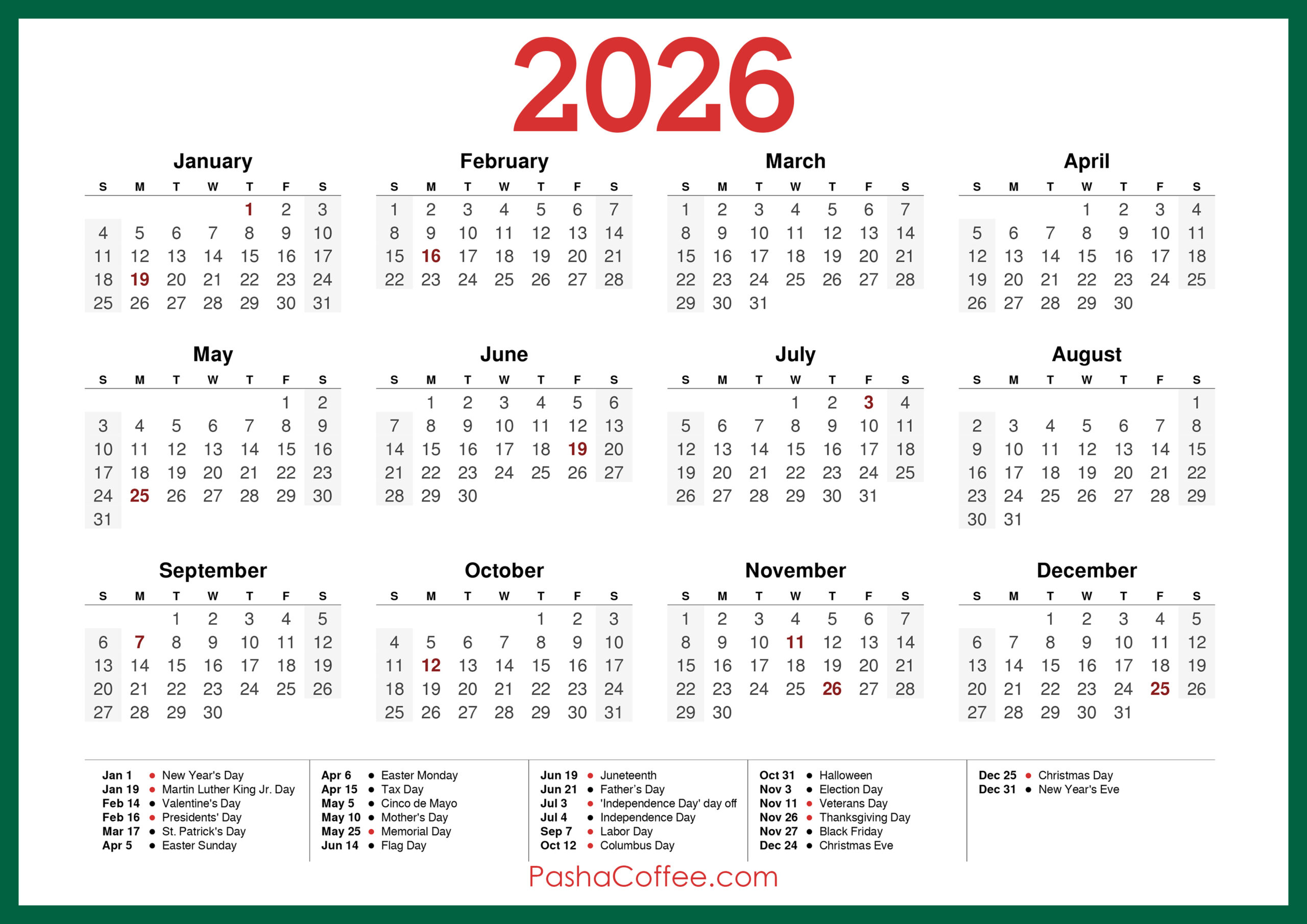 2026 Calendar With Holidays Printable
