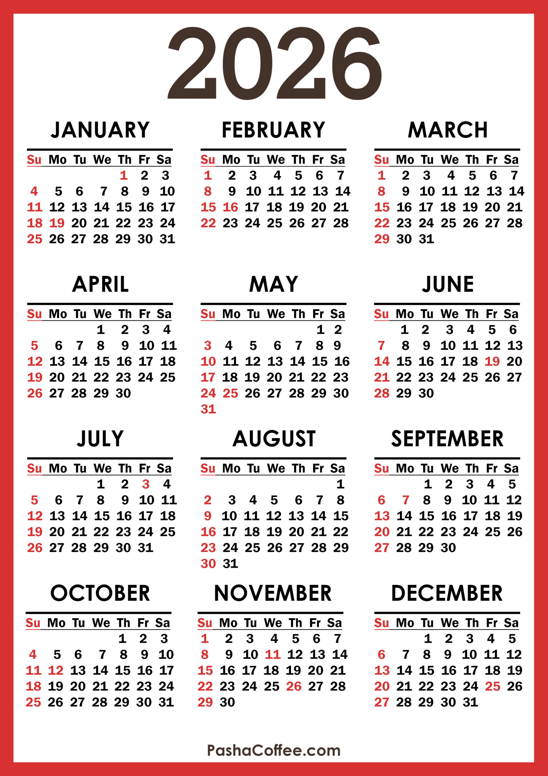 2026 Calendar With US Holidays Printable Free Vertical PashaCoffee