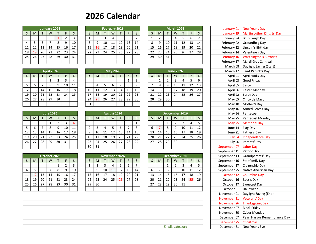 2026 Us Calendar With Holidays Printable