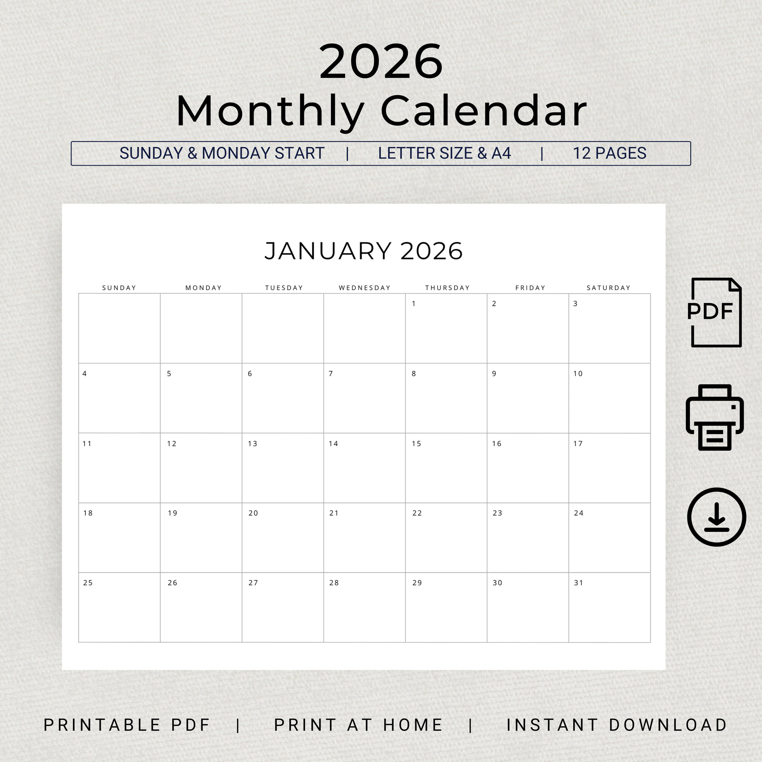 2026 Monthly Calendar Printable Minimalist Landscape Planner PDF Download Etsy