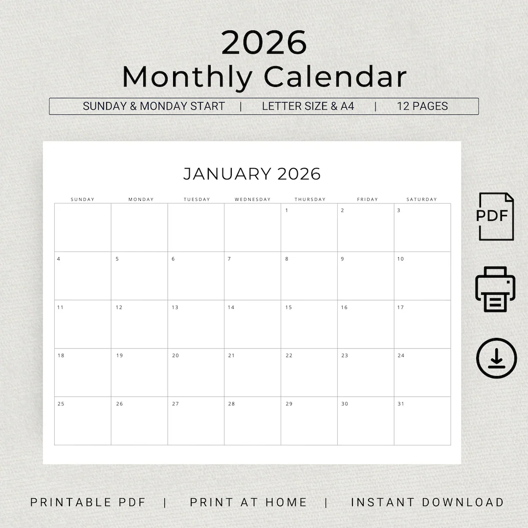 2026 Monthly Calendar Printable Minimalist Landscape Planner PDF Download Etsy