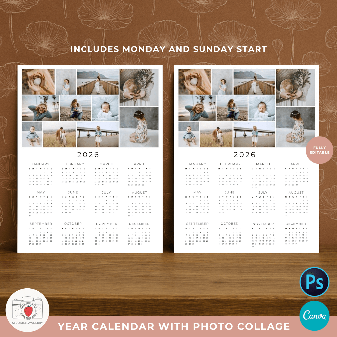 2026 Photo Calendar Template With Photo Collage Strawberry Kit