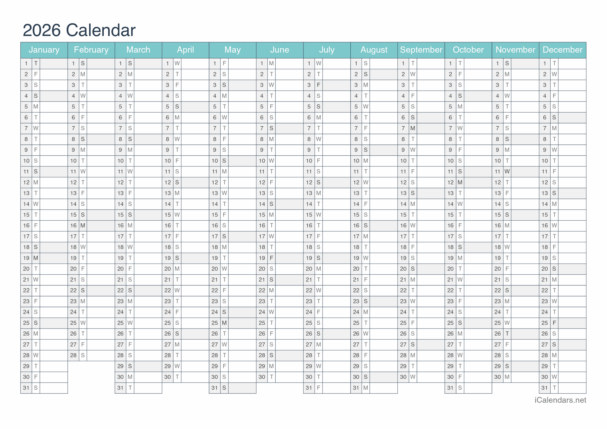 Printable 2026 Monthly Calendar Pdf