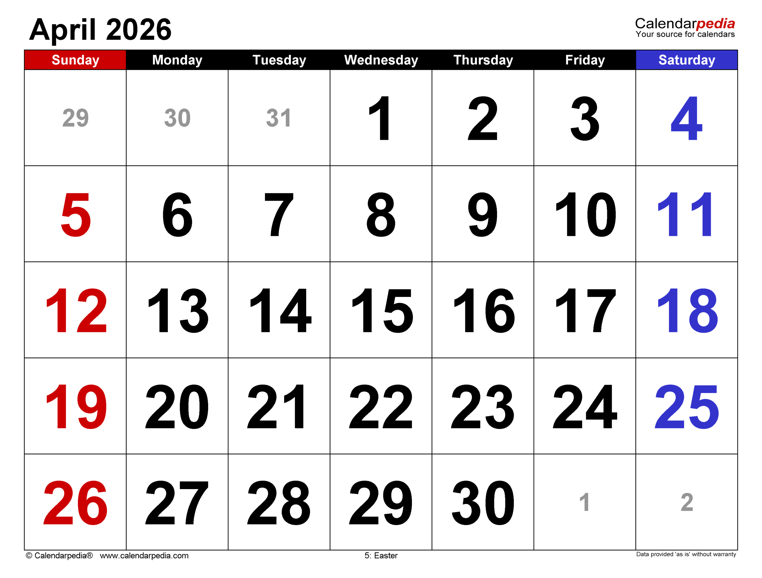 Printable Calendar 2026 April