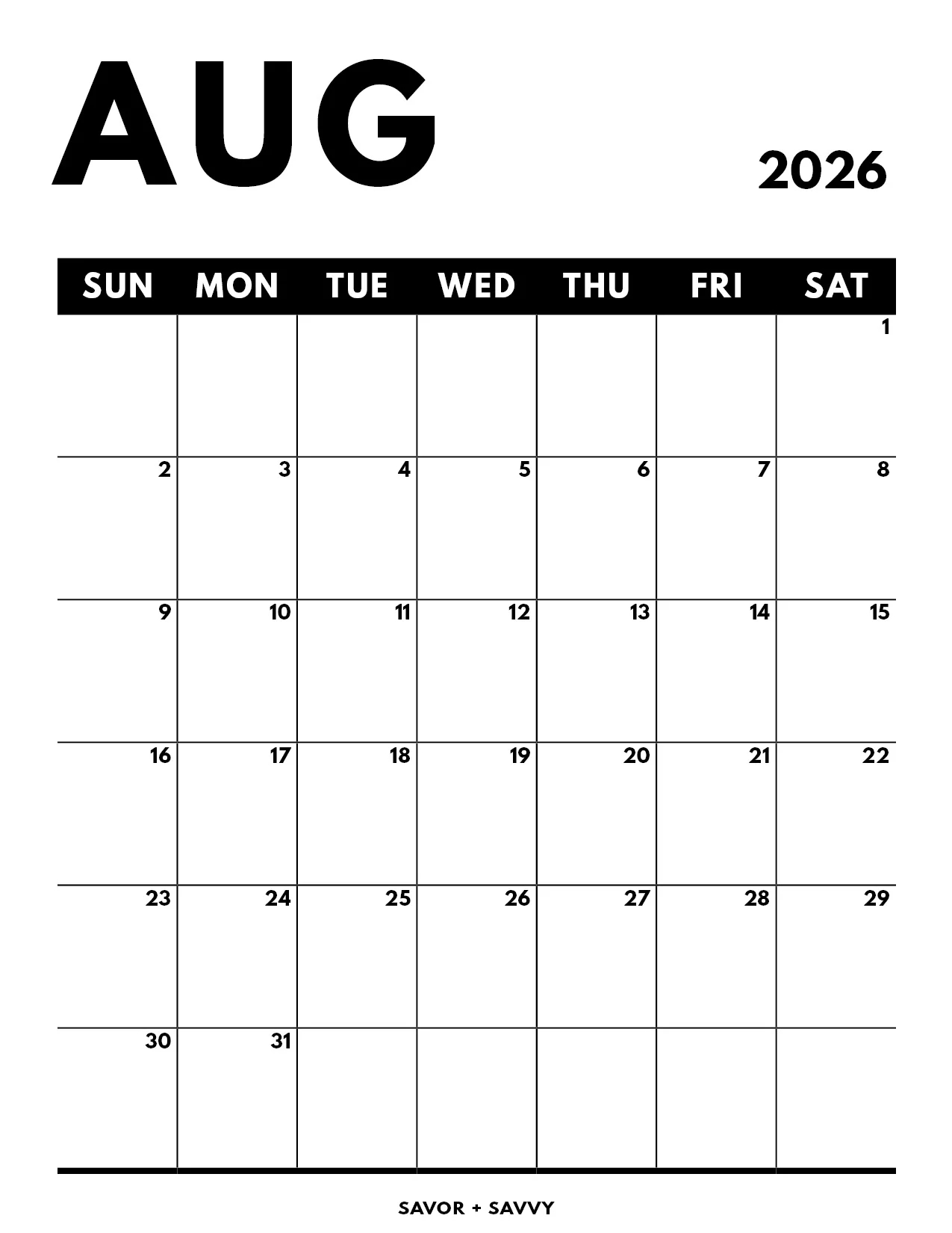 Printable Calendar August 2026