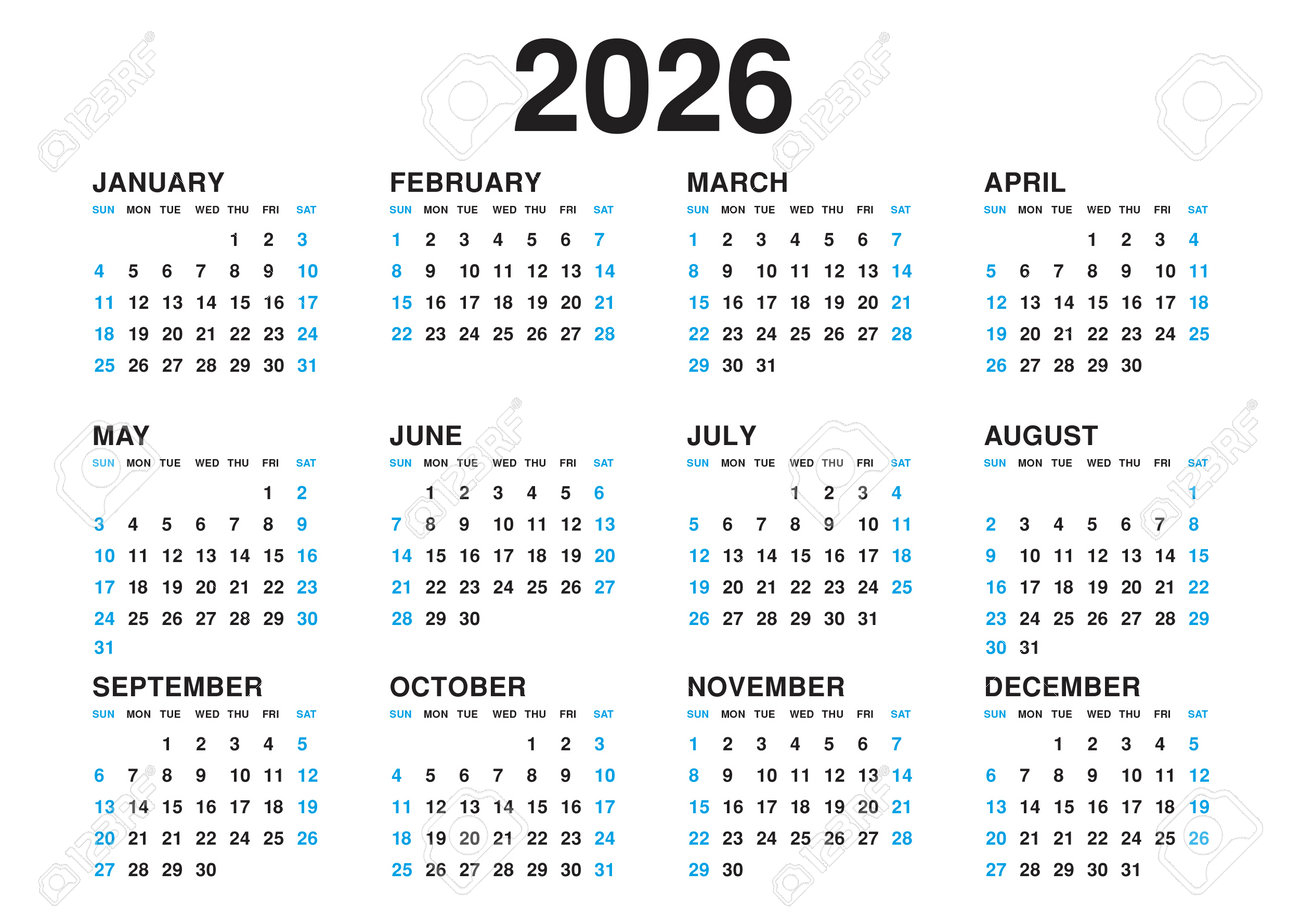 Calendar 2026 Template Vector Simple Minimal Design Planner 2026 Year Wall Calendar 2026 Year Week Starts Sunday Set Of 12 Calendar Advertisement Printing Stationery Holidays In Blue Colors Royalty Free SVG Cliparts 