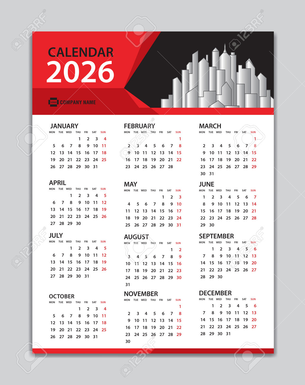 Calendar 2026 Template Wall Calendar 2026 Year Desk Calendar 2026 Design Week Start On Monday Poster Planner Stationery Printing Vertical Artwork Red Polygon Background Concept Royalty Free SVG Cliparts Vectors And Stock Illustration Image 