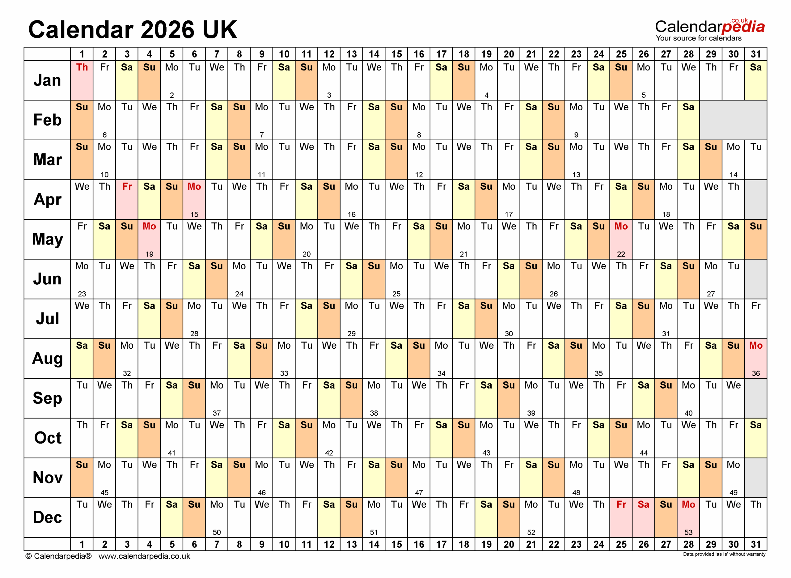 Calendar 2026 UK Free Printable Microsoft Word Templates