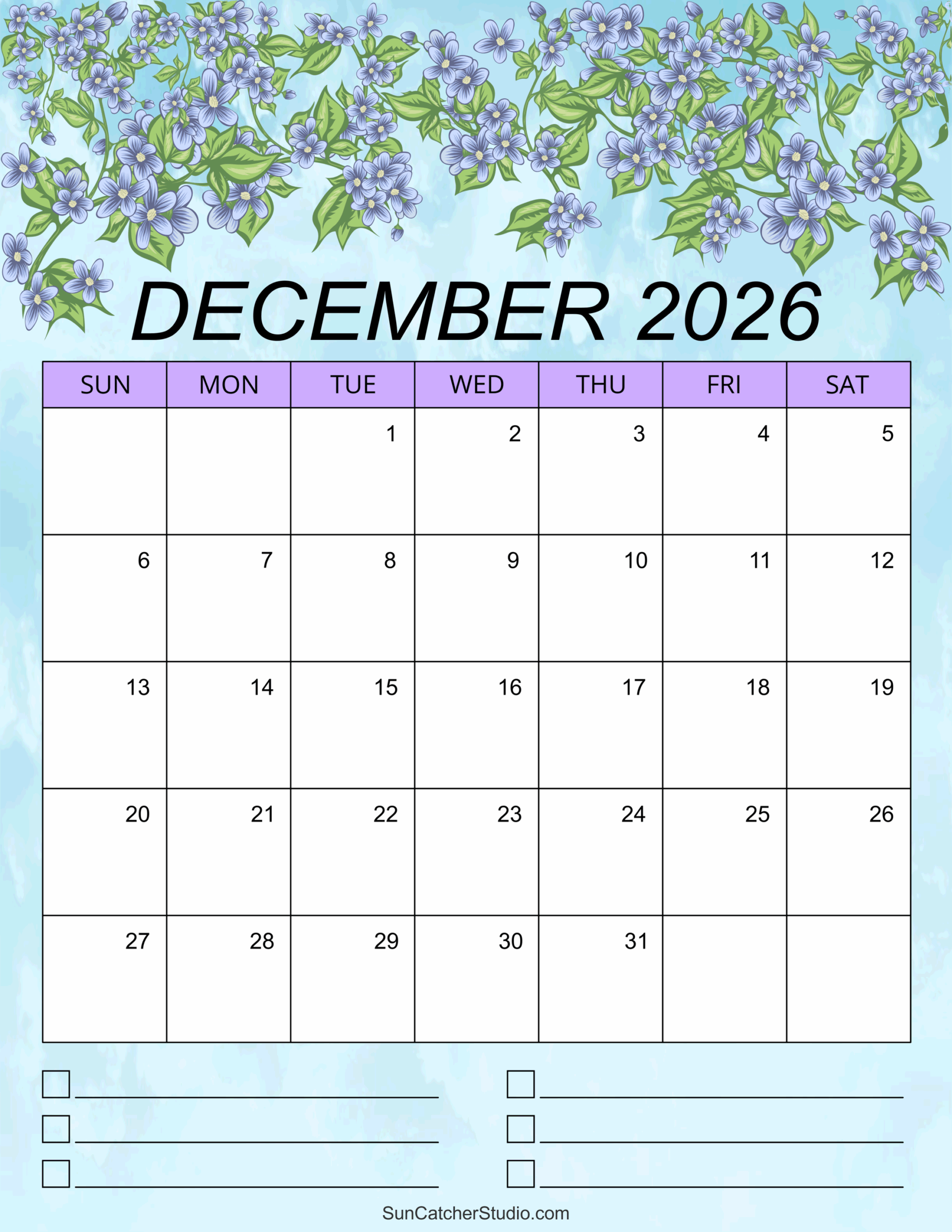 Free Printable December 2026 Calendar