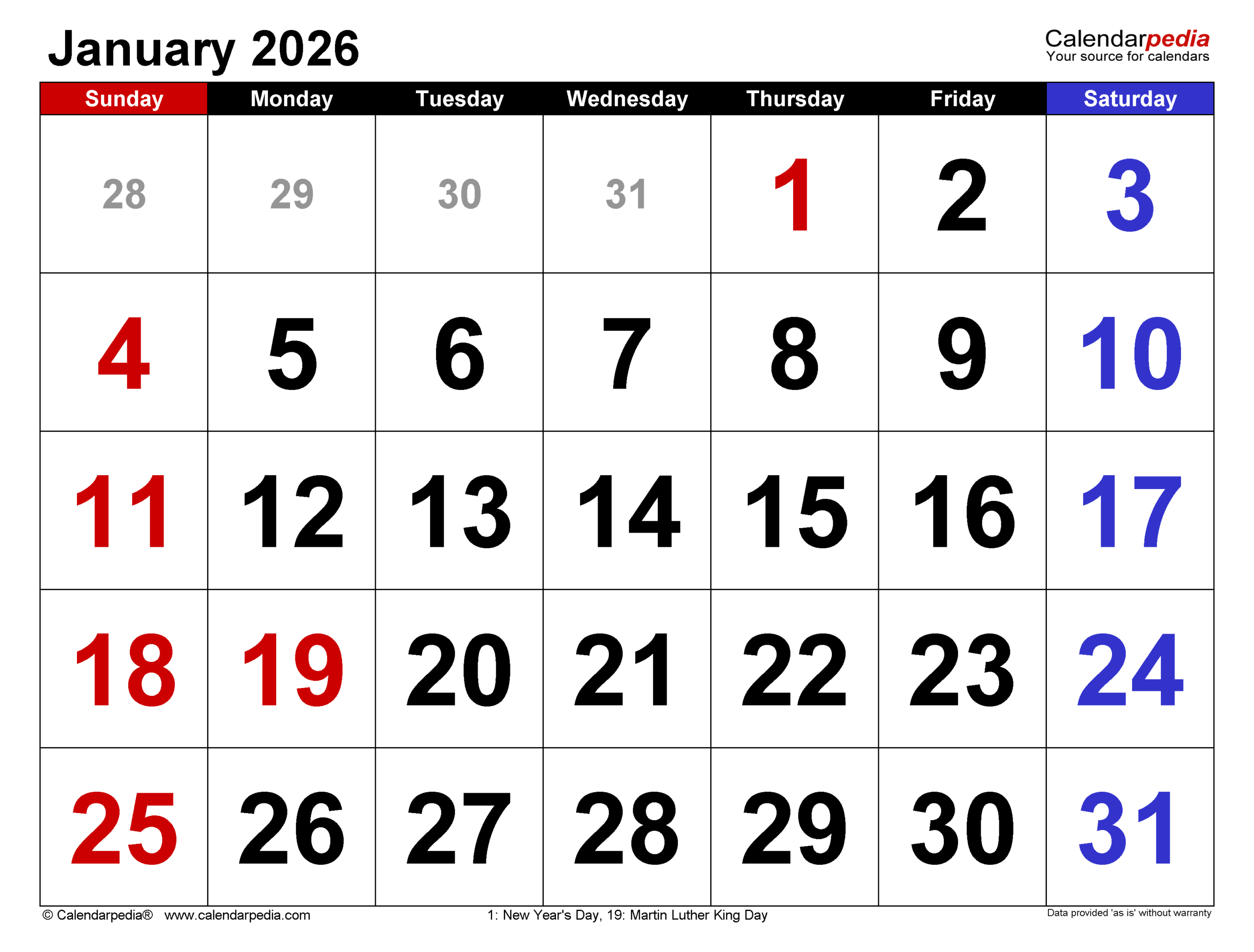 Printable January 2026 Calendar