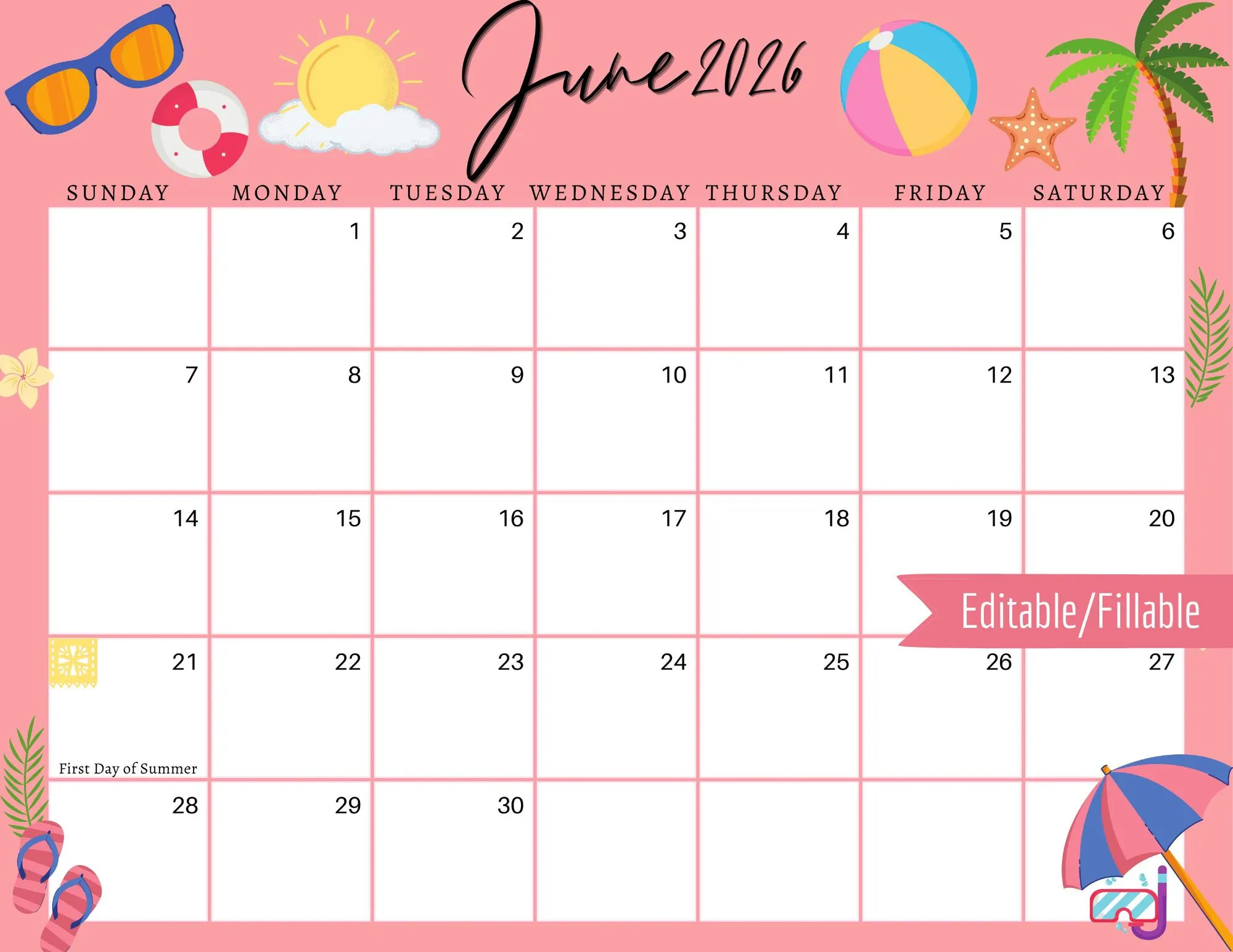 Printable Calendar Summer 2026