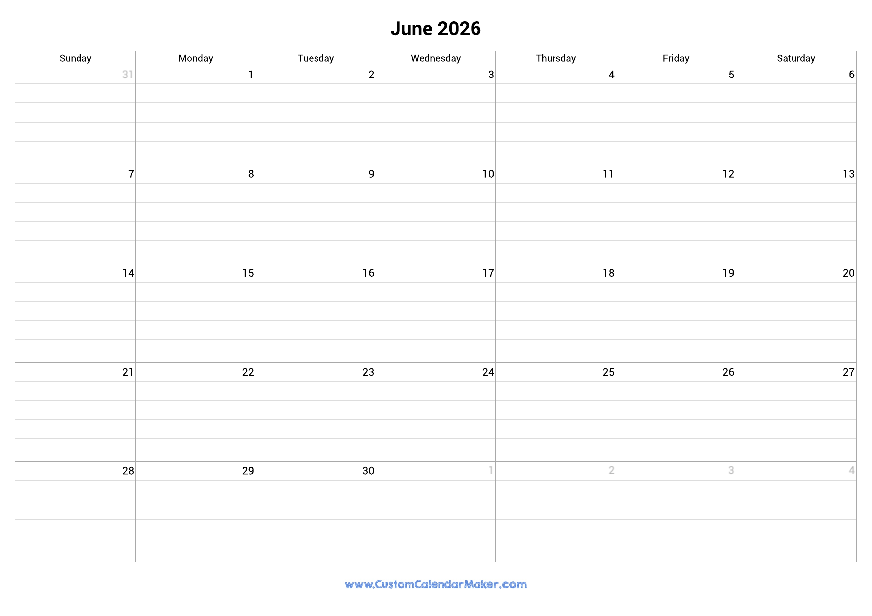 June 2026 Fillable Calendar Grid With Lines Custom Calendar Maker June 2026 Fillable Calendar Grid With Lines Custom Calendar Maker