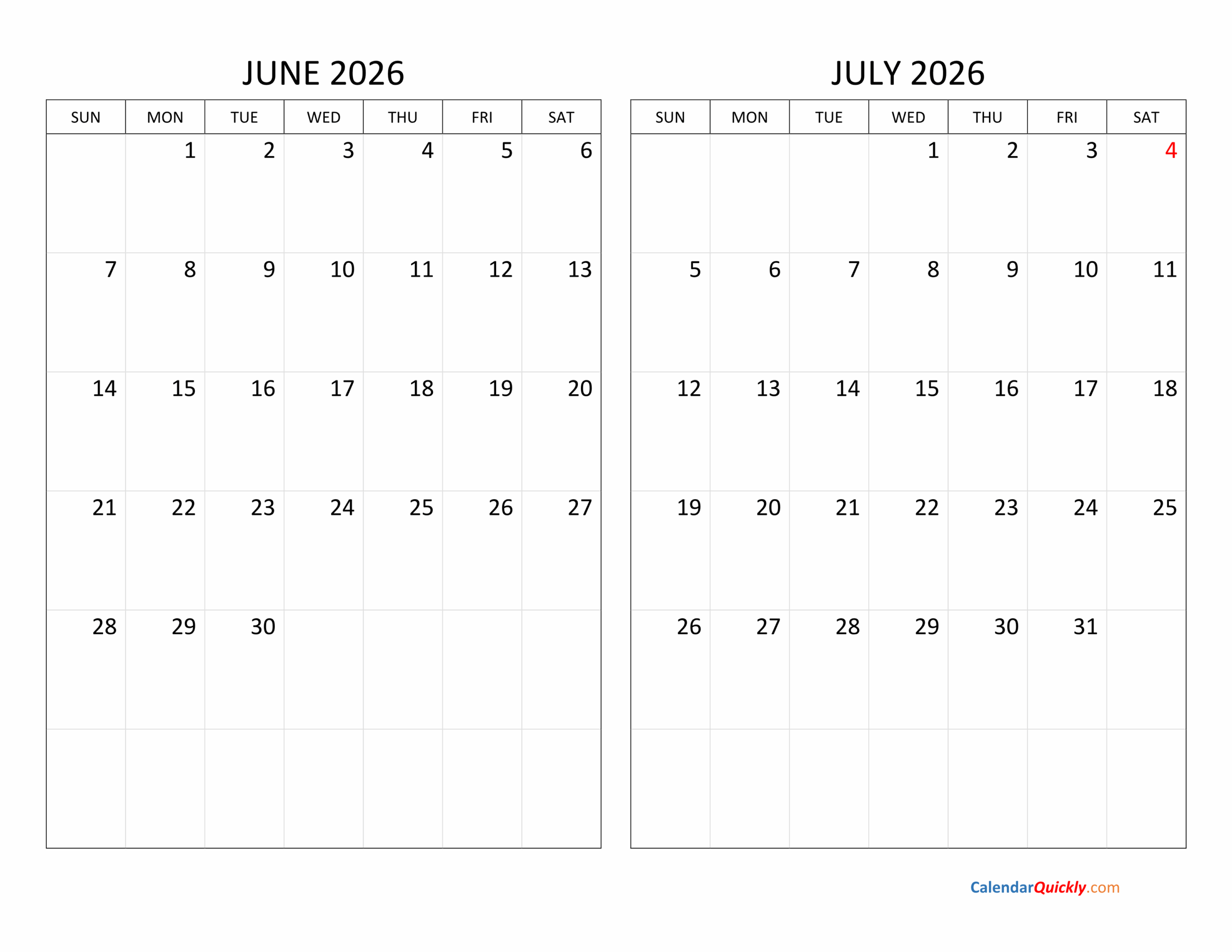 Free Printable June Calendar 2026