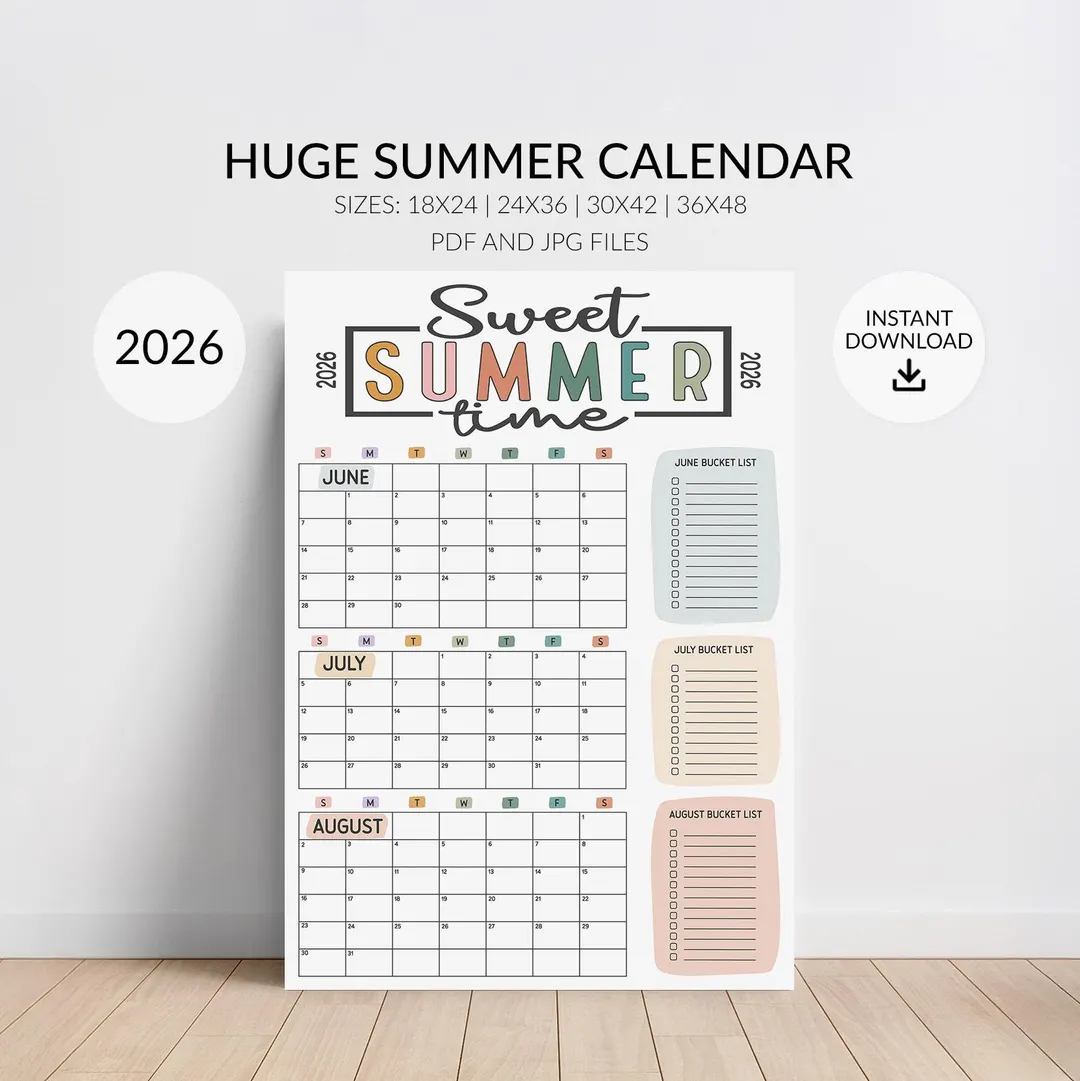 Large 2026 Summer Wall Calendar Big Summer Planner Poster Bucket List Checkoff For Each Month Sizes 18x24 24x36 30x42 36x48 Download Etsy