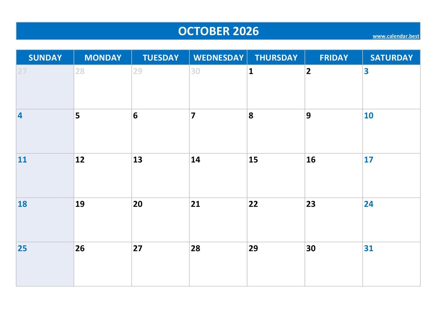 Printable Calendar October 2026 Printable Calendar October 2026