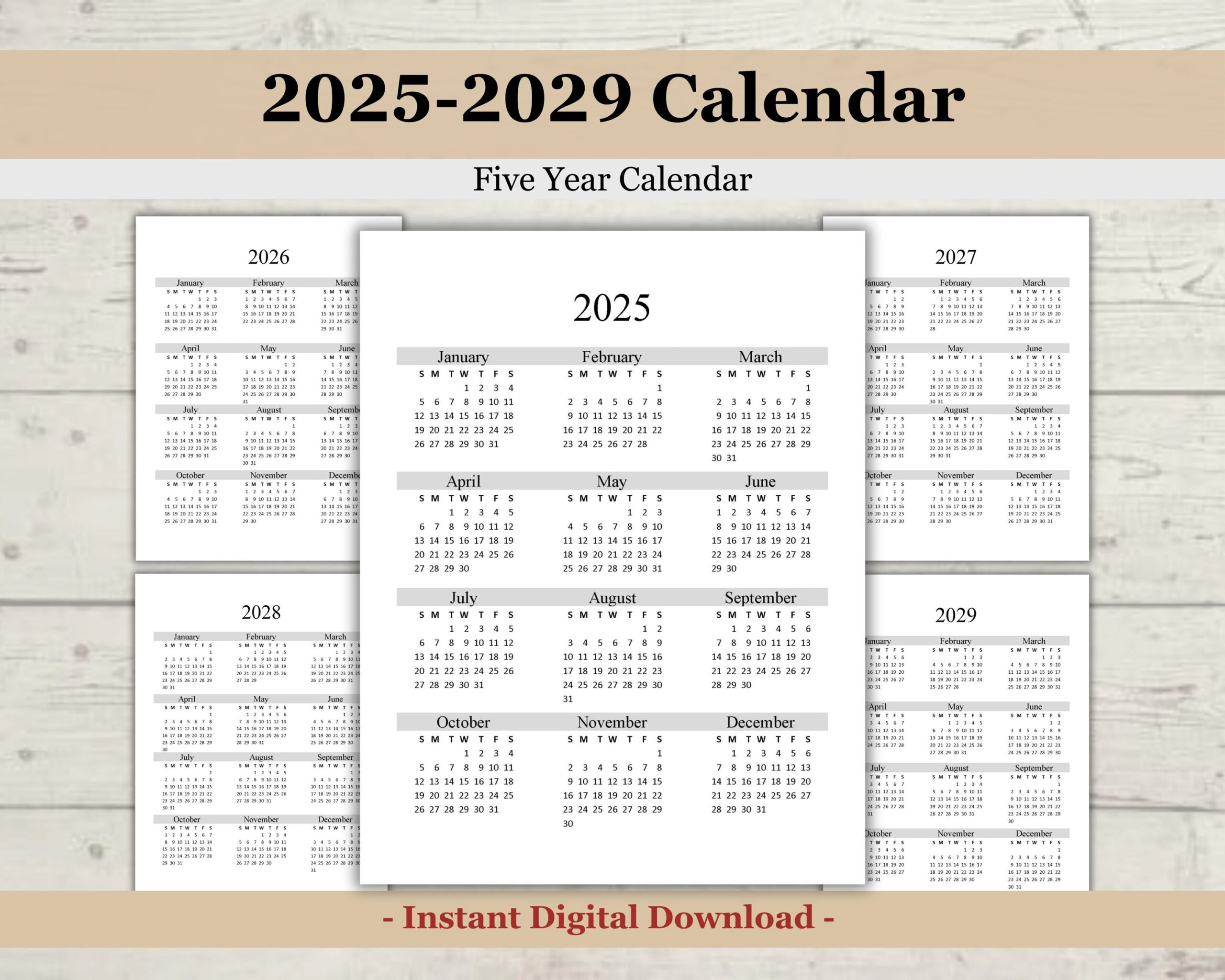 Printable 2025 2029 5 Year Calendar 2025 Printable Calendar 2026 2027 2028 2029 Calendar Printable Five Year Planner Etsy