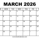 Printable March 2026 Calendar