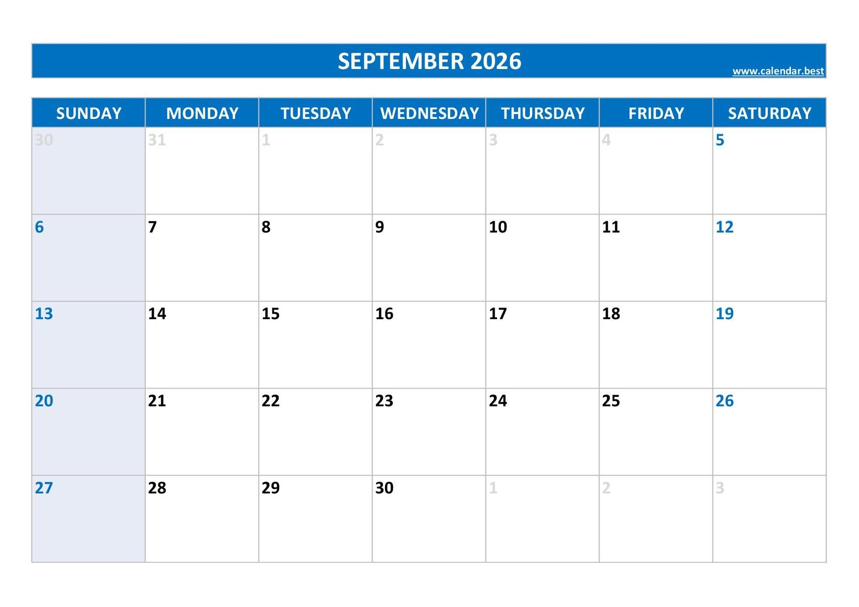 September 2026 Printable Calendar