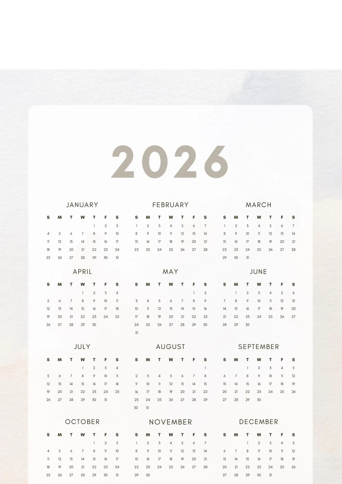 Yearly Calendar 2026 Year At A Glance Calendar One Page PDF Desk Calendar 2026 Printable Calendar Minimal Calendar A4 Us Letter PDF JPG Etsy