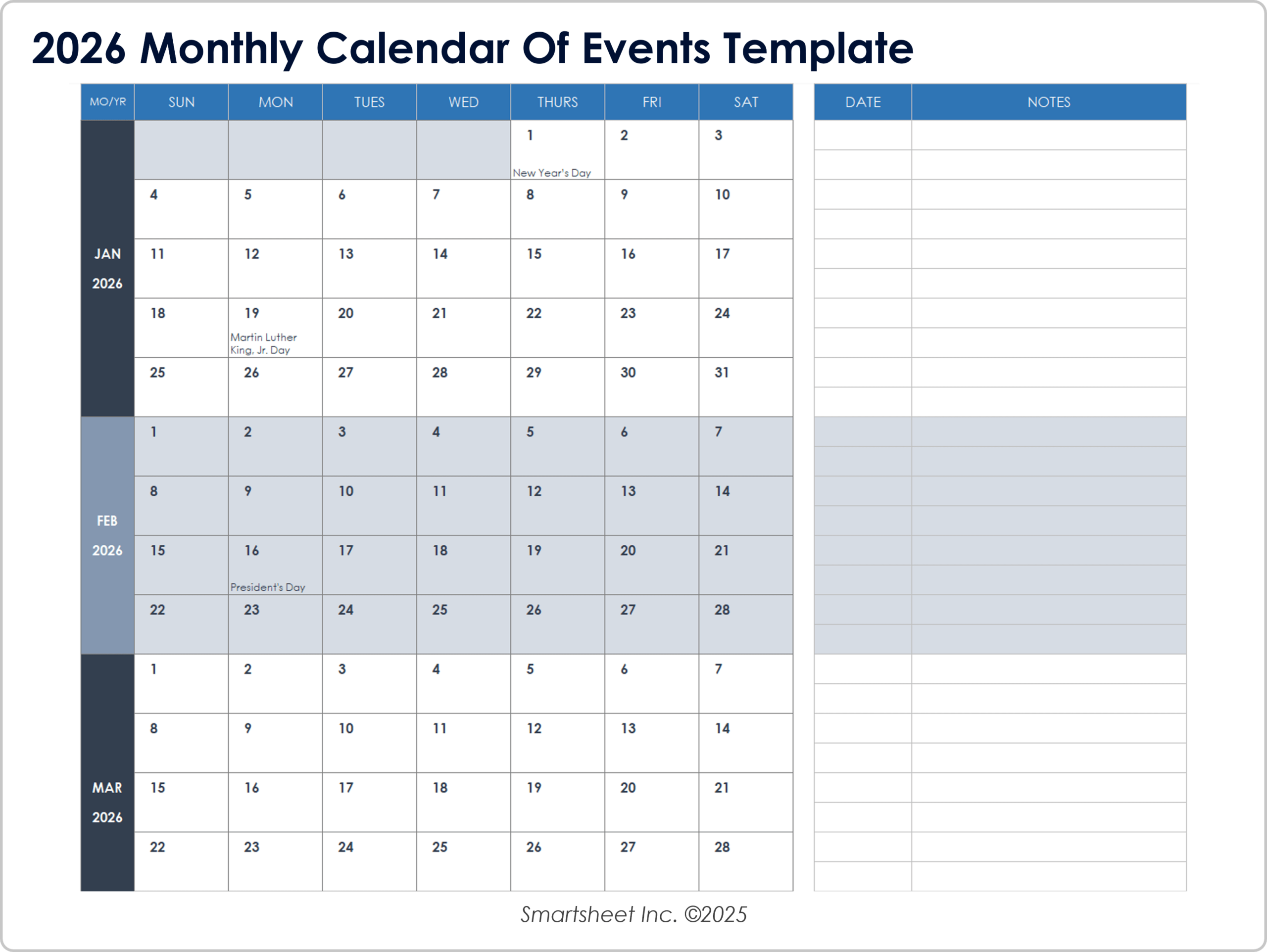 Download Monthly Calendar Template 2026