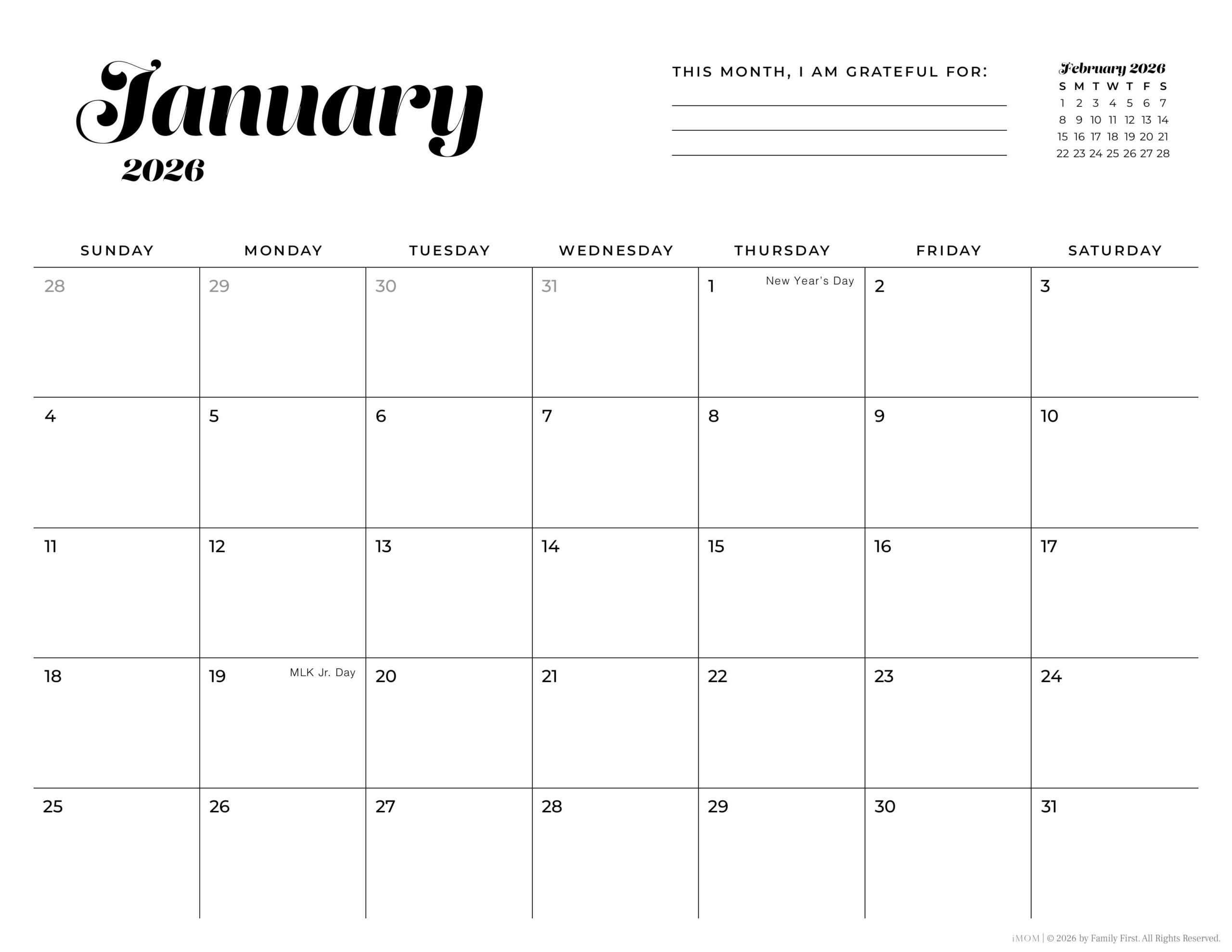 Blank Monthly Printable Calendar 2026