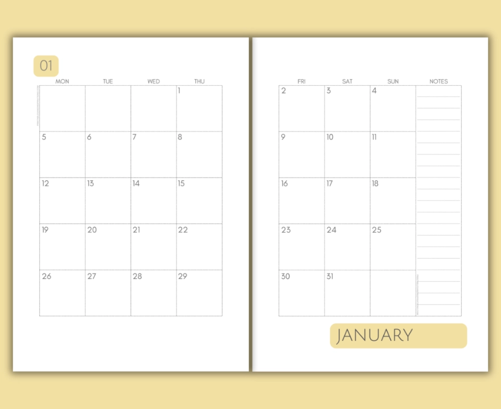 Free Printable 2 Page Monthly Calendar 2026