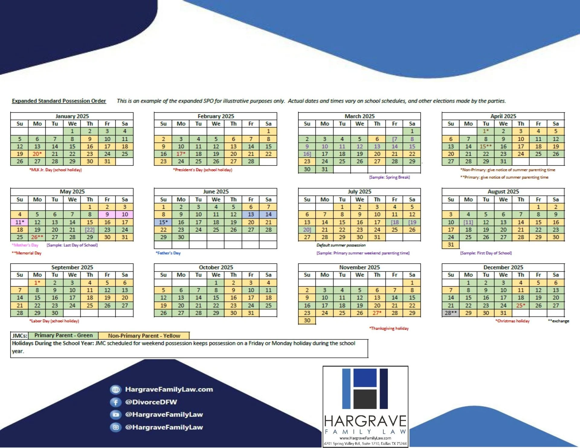 2025 Texas Standard Possession Calendar Child Custody