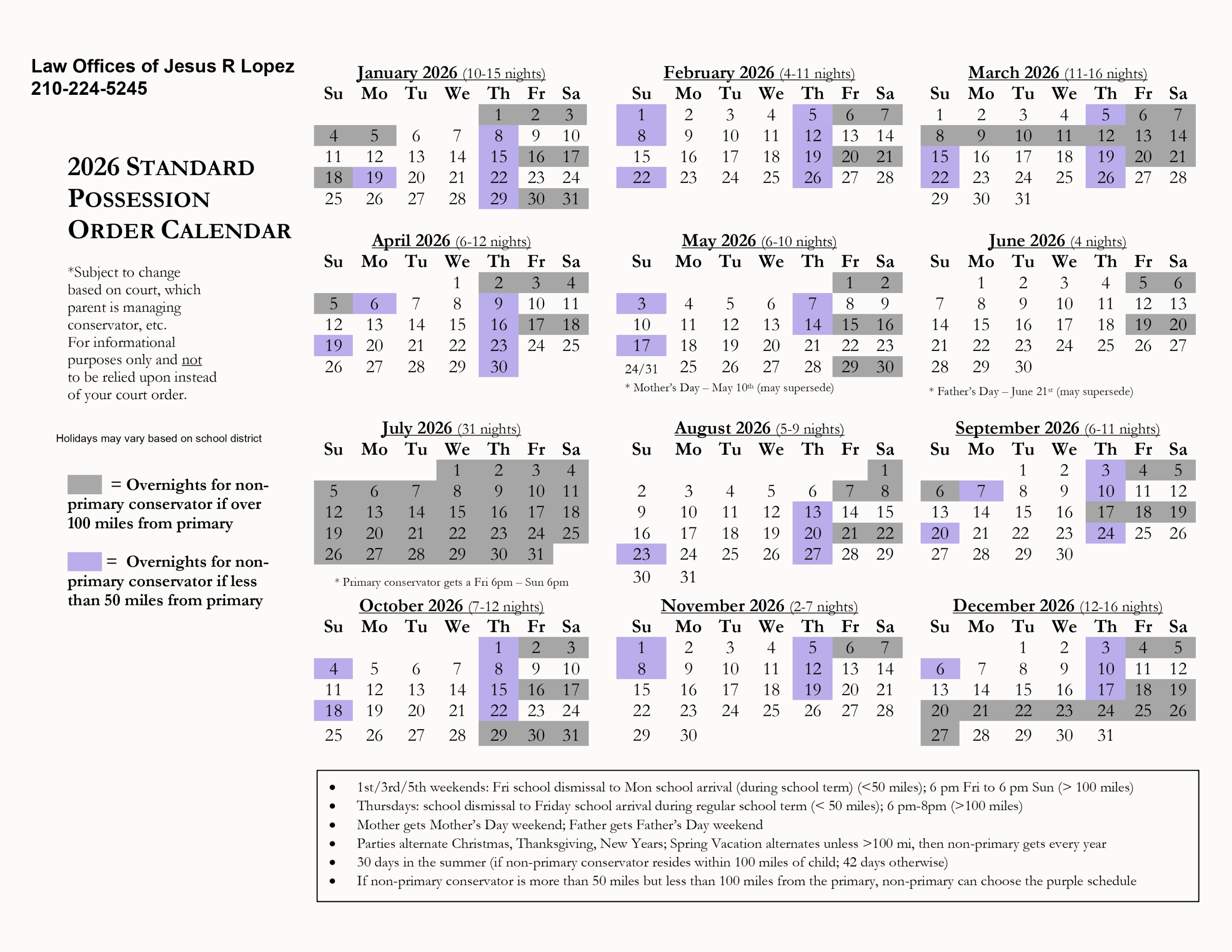 2025 Texas Standard Possession Order With Calendar