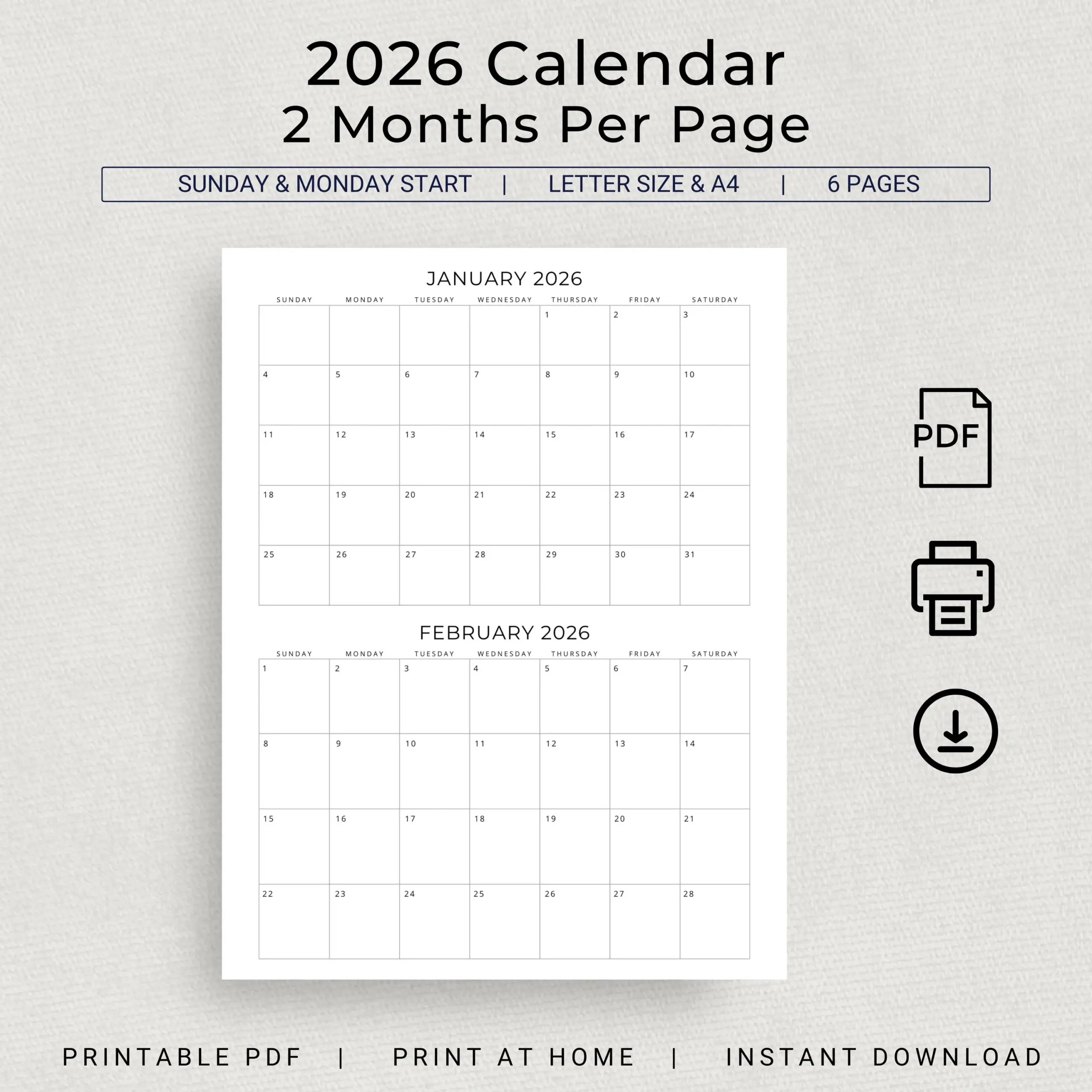 2026 2 Month Calendar 2026 Planner 2 Months Per Page Minimalist Monthly Desk Calendar Wall 2026 Printable PDF A4 Letter Instant Download Etsy