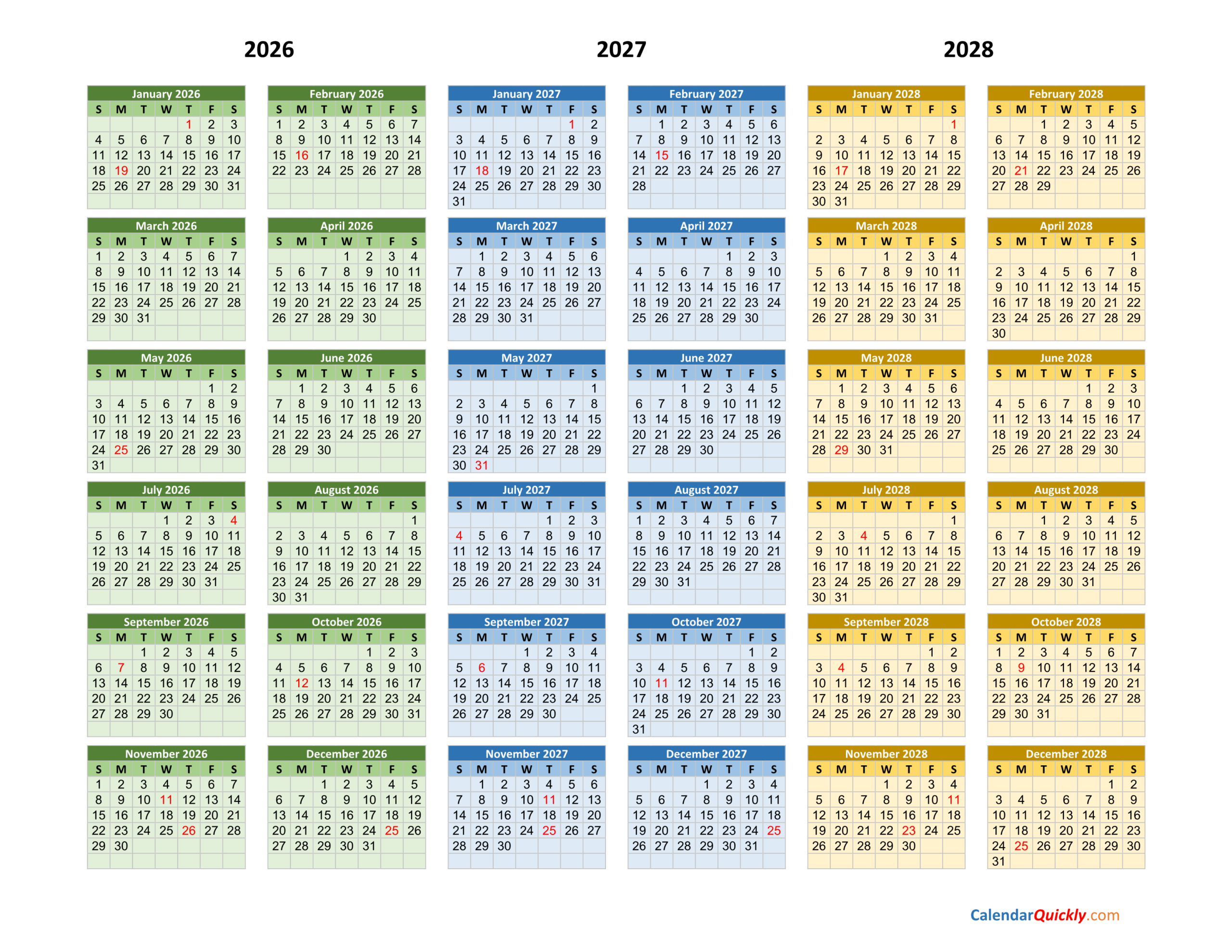 2026 2027 2028 Calendar Calendar Quickly