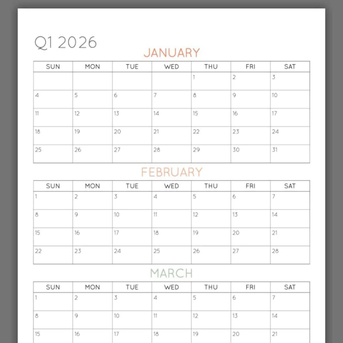 2026 3 Month Quarterly Calendar Printables FREE 2026 3 Month Quarterly Calendar Printables FREE