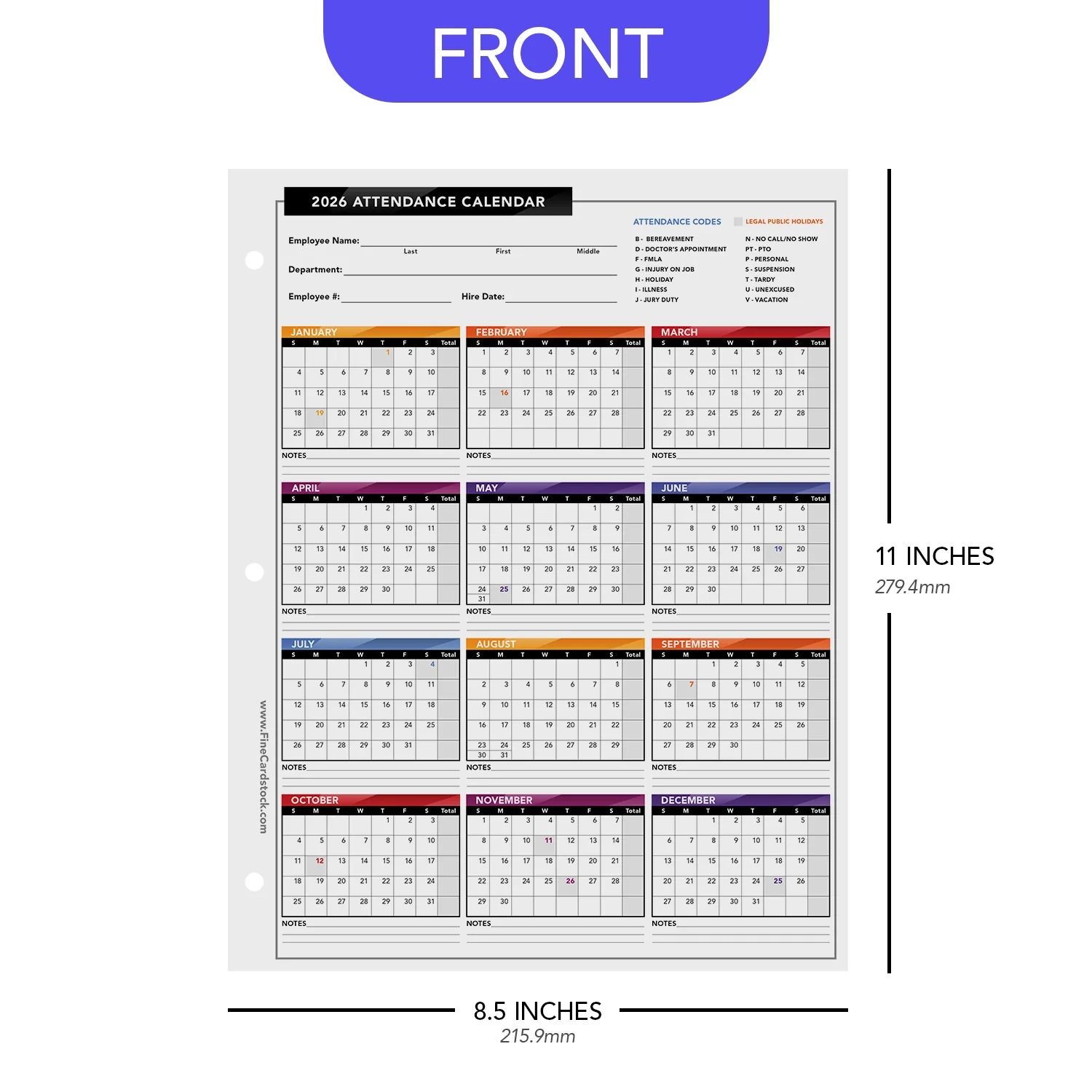 2026 Attendance Calendar Card Stock Paper Great Employee Work Tracke
