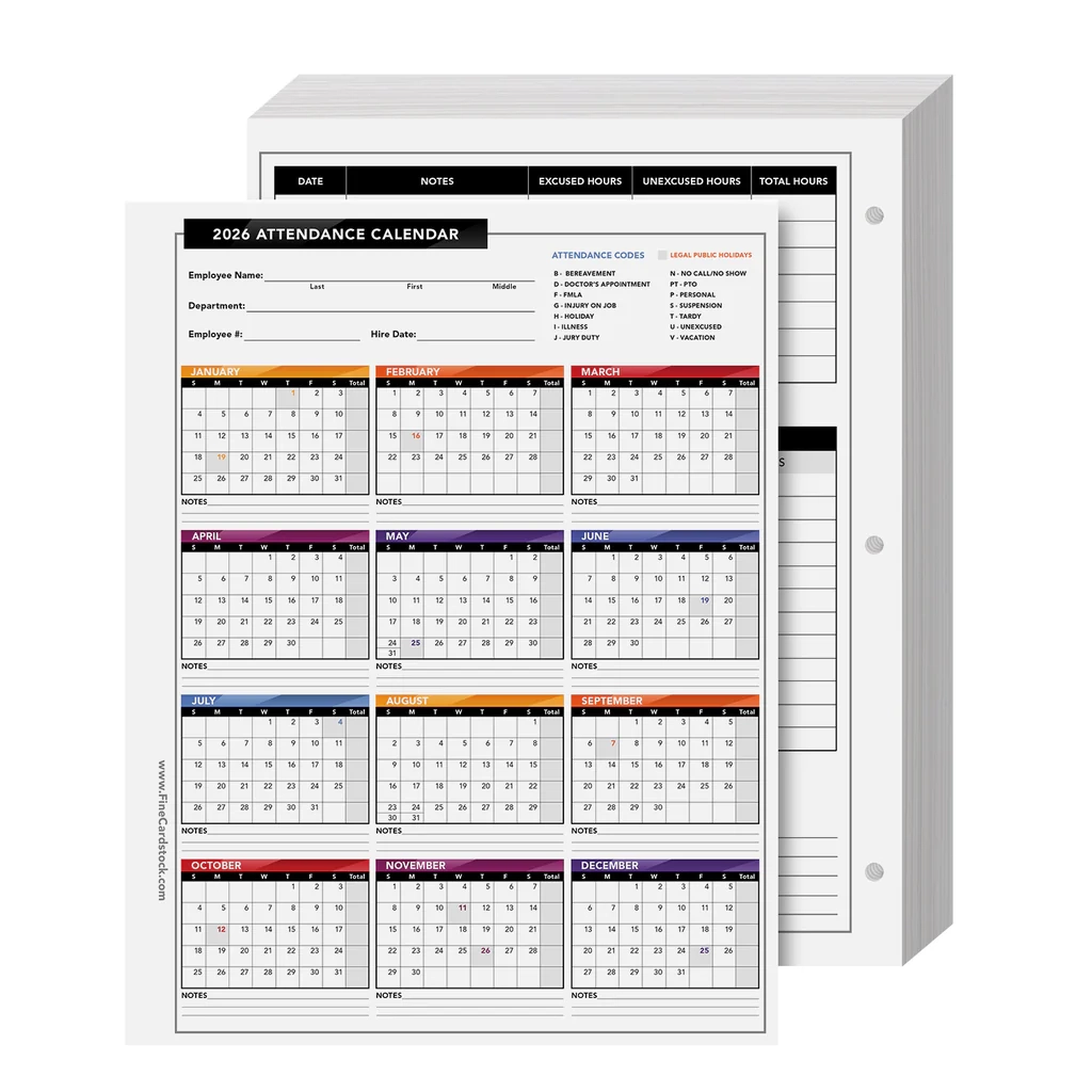 2026 Attendance Calendar Printable