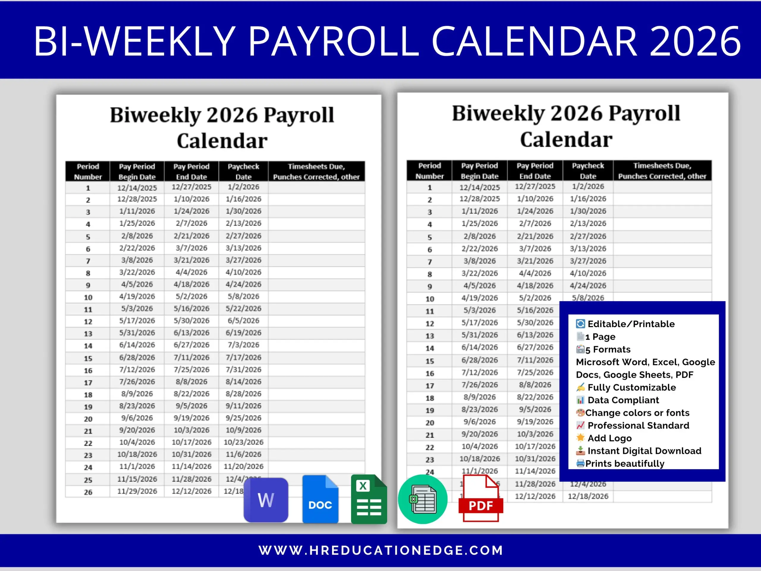 2026 Biweekly Payroll Calendar Excel Word Google Docs PDF Etsy