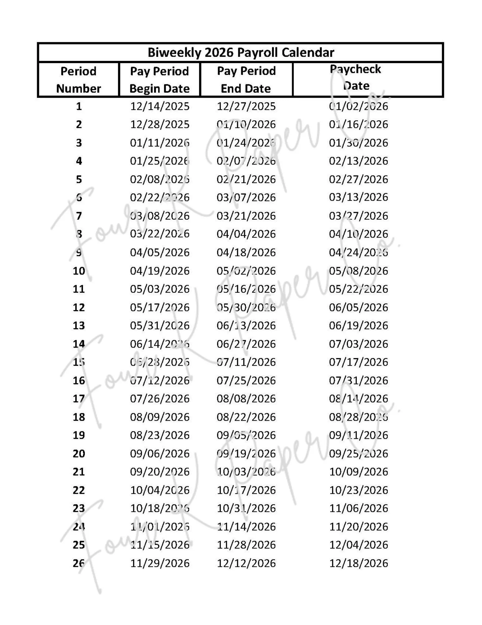 Federal Pay Period Calendar 2026 Printable