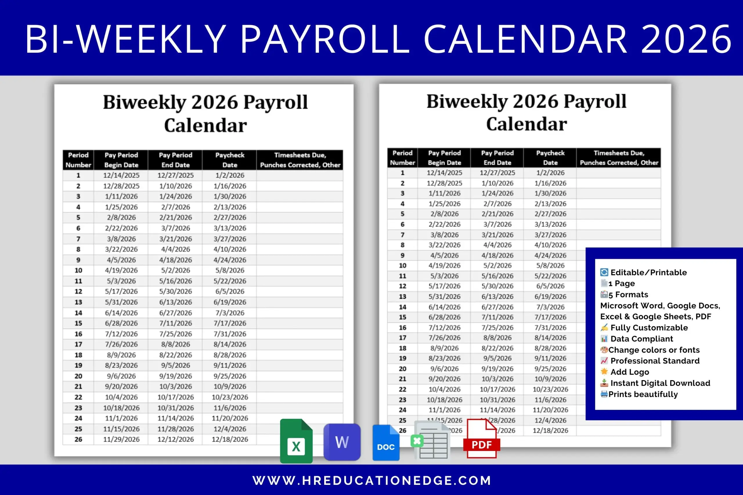 2026 Biweekly Payroll Calendar Template Editable MS Word Excel Google Docs And Sheets Etsy