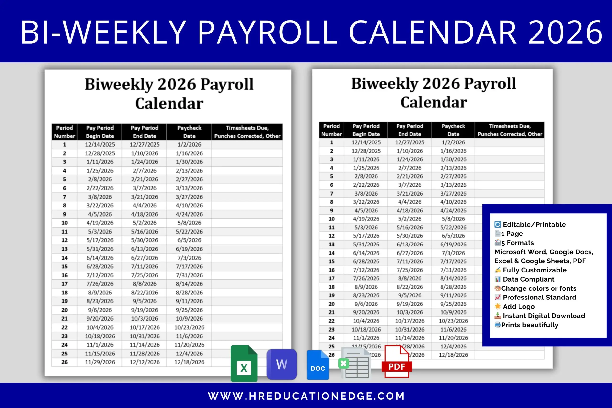2026 Biweekly Payroll Calendar Template Editable MS Word Excel Google Docs And Sheets Etsy New Zealand
