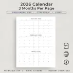 2026 Calendar 2026 3 Months Per Page Calendar Monthly Calendar Planner Printable Quarterly Office Planner 2026 Desk Planner Wall Calendar Etsy