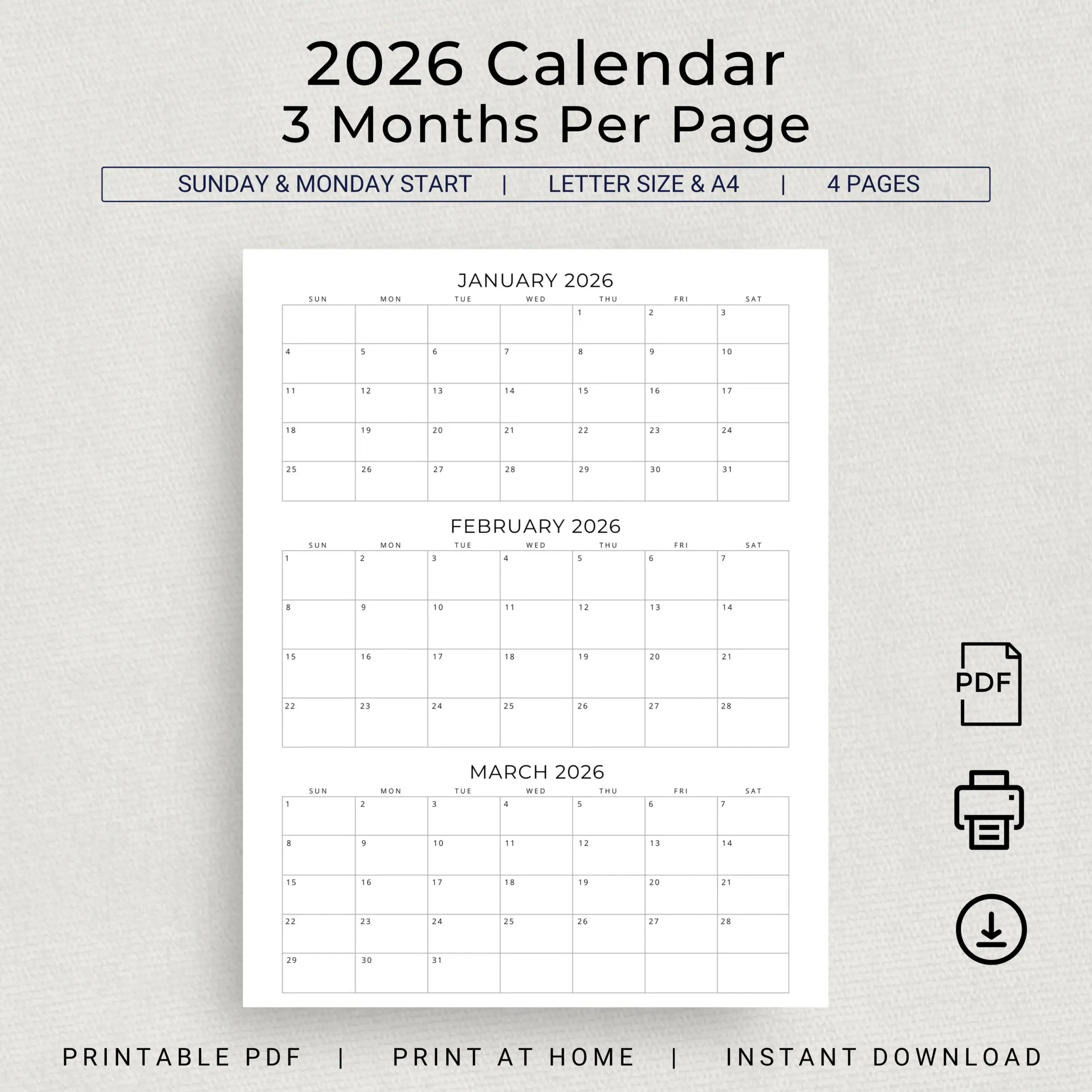 2026 Calendar 2026 3 Months Per Page Calendar Monthly Calendar Planner Printable Quarterly Office Planner 2026 Desk Planner Wall Calendar Etsy