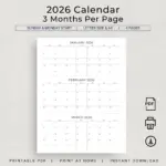 2026 Calendar 2026 3 Months Per Page Calendar Monthly Calendar Planner Printable Quarterly Office Planner 2026 Desk Planner Wall Calendar Etsy