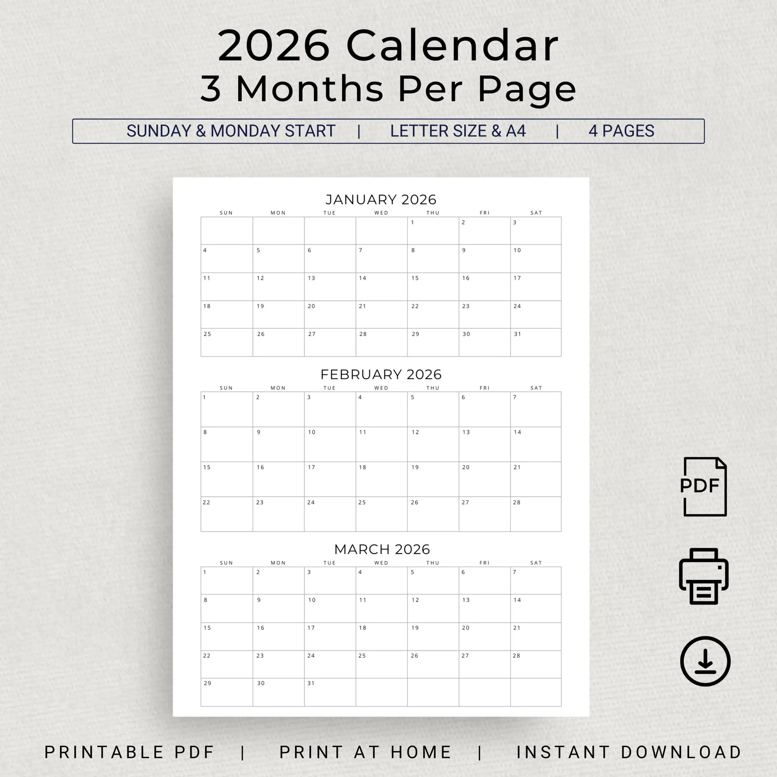2026 Calendar 2026 3 Months Per Page Calendar Monthly Calendar Planner Printable Quarterly Office Planner 2026 Desk Planner Wall Calendar Etsy