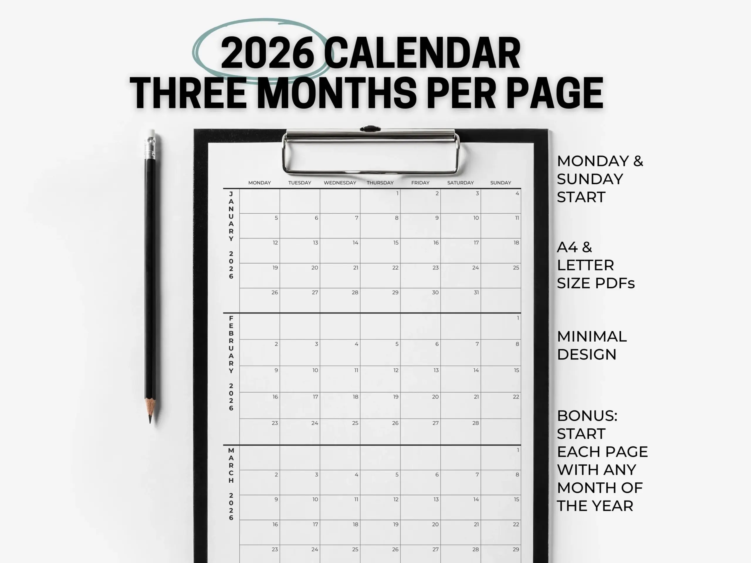 2026 Calendar 3 Months Per Page Minimalist Modern Calendar Printable PDF Instant Download Etsy Canada