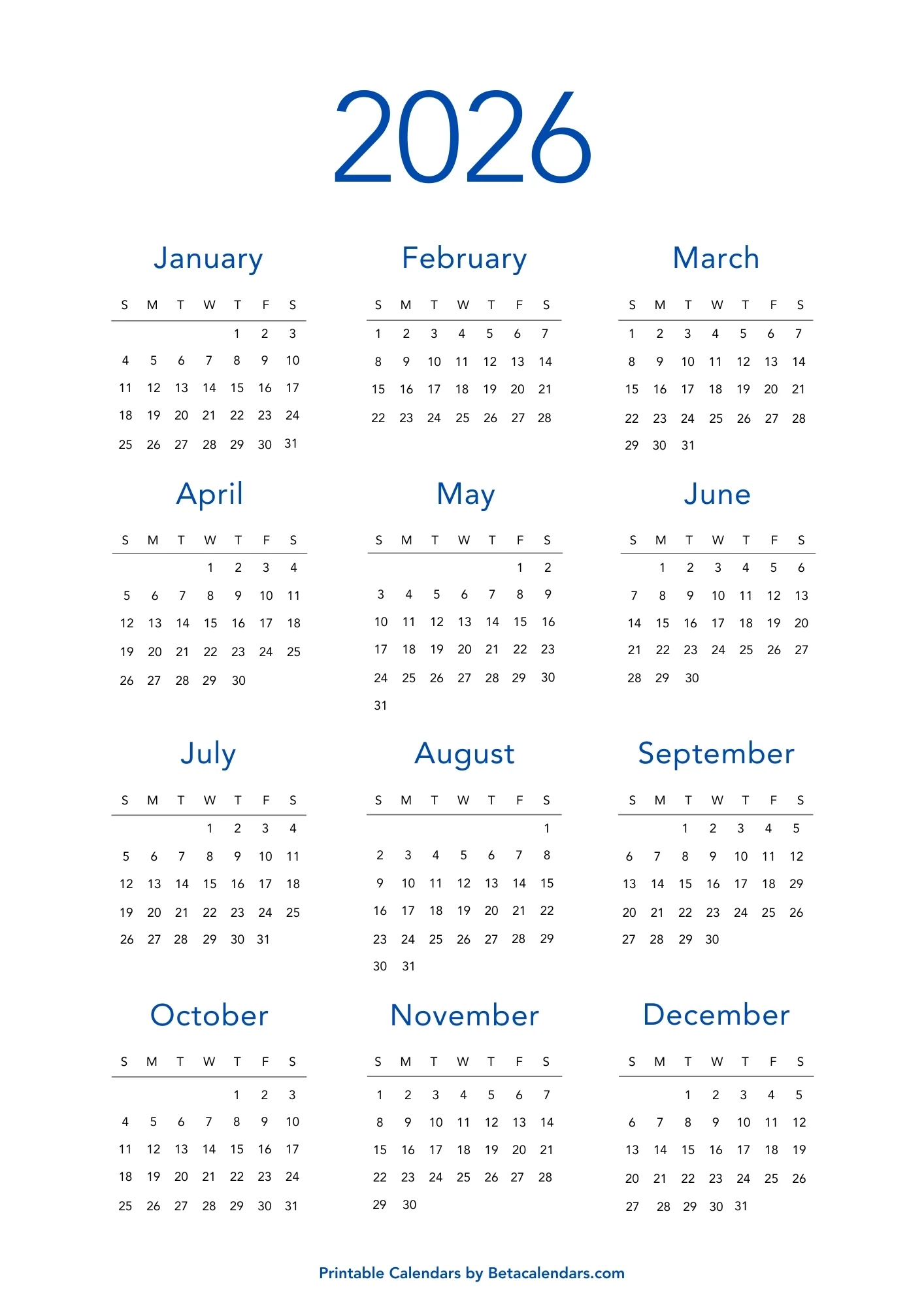 Printable Calendar Months 2026
