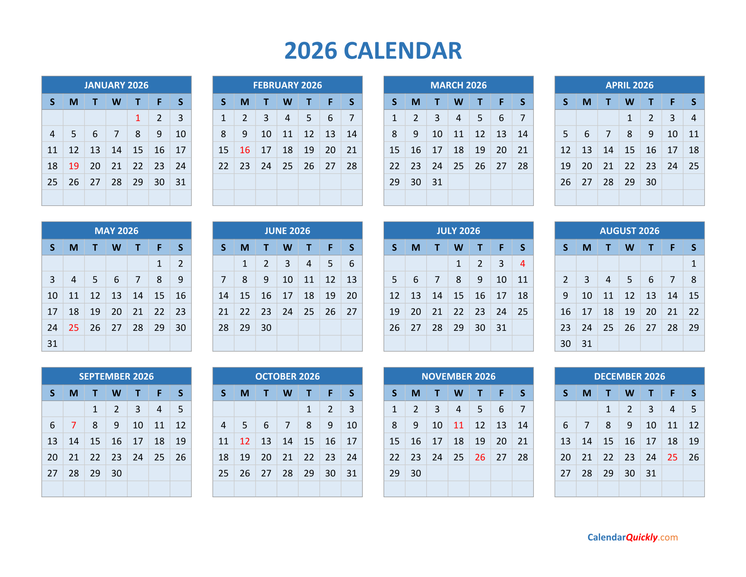 2026 Calendar Calendar Quickly
