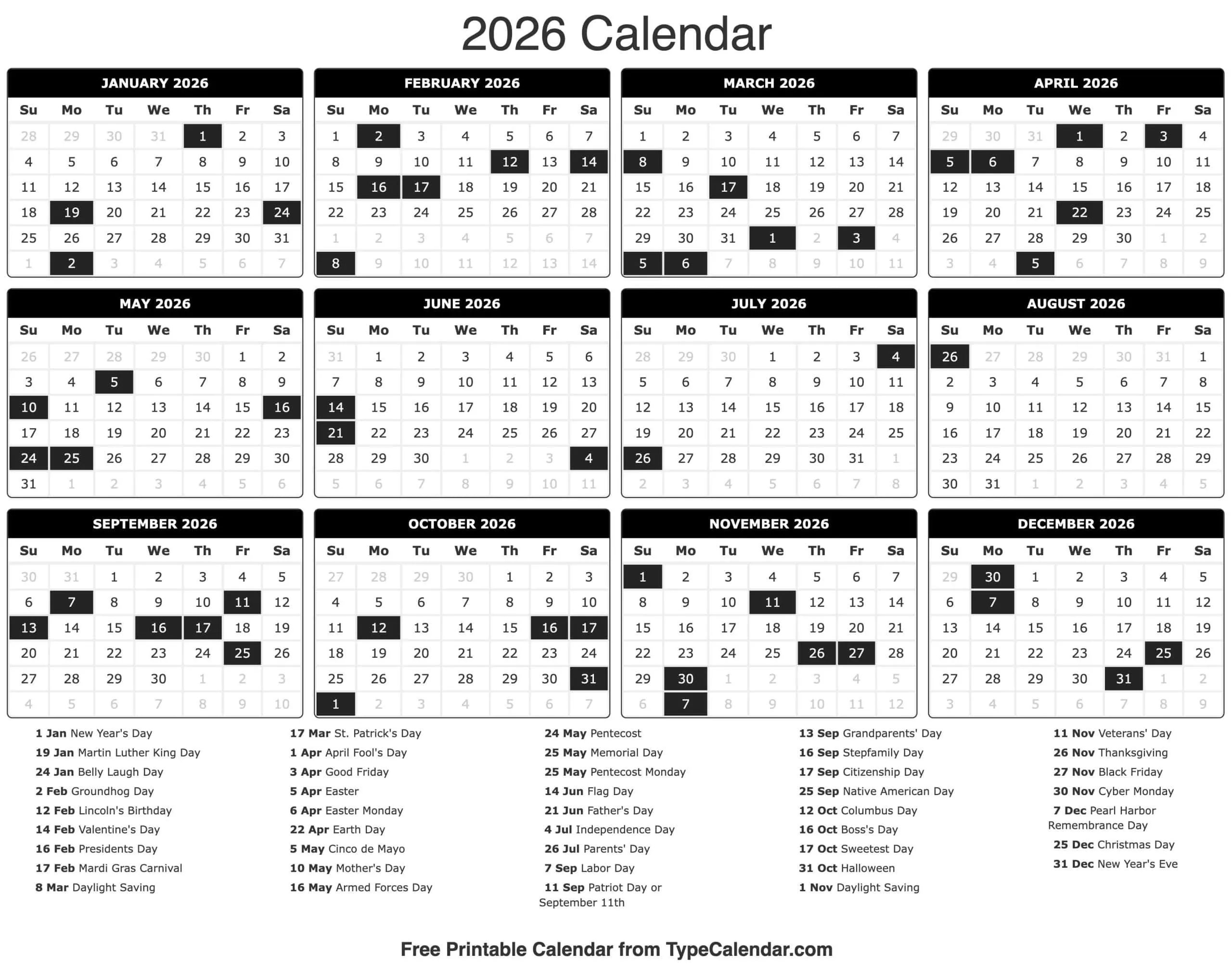 2026 Holidays Calendar Printable