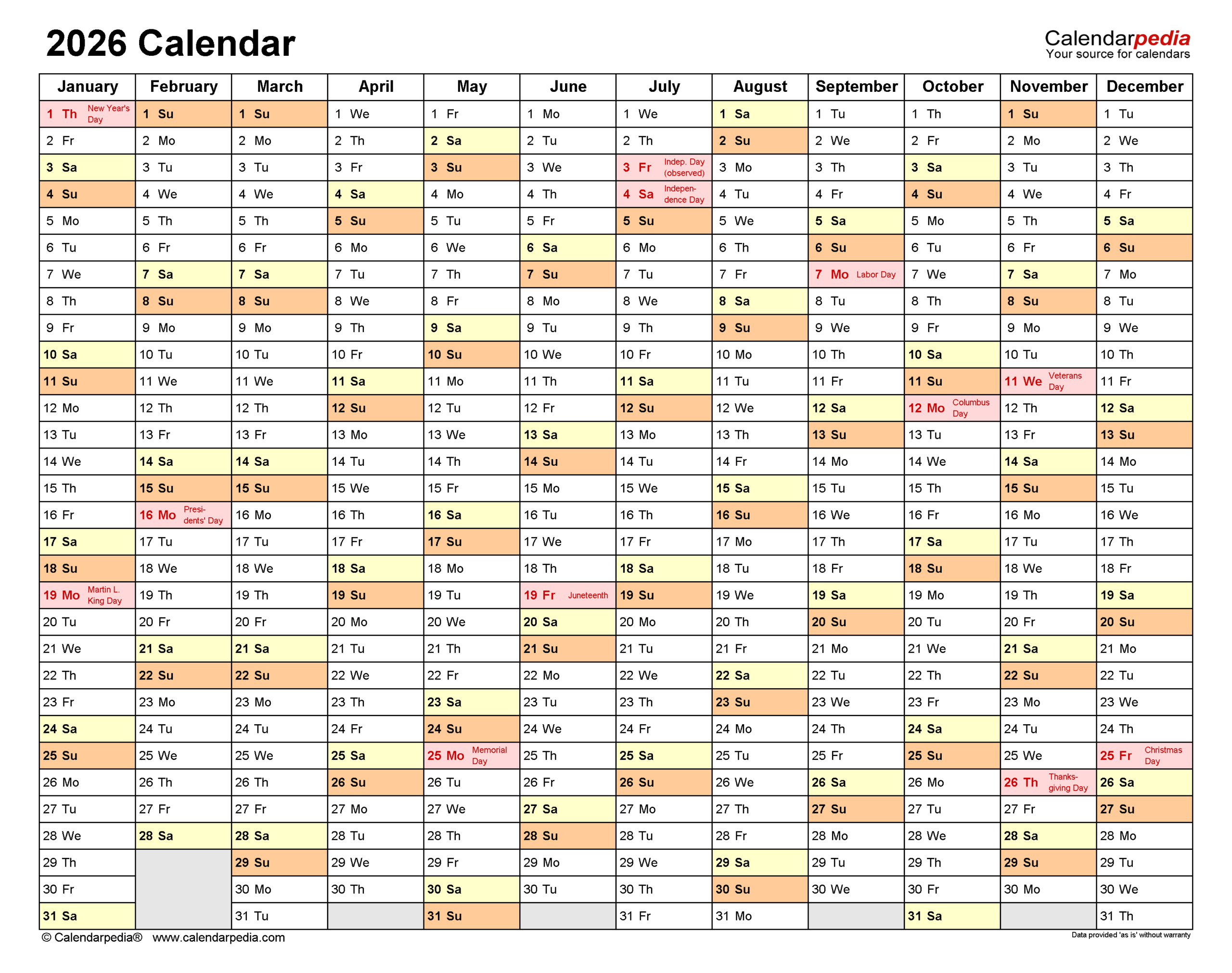 2026 Calendar Excel Printable Free