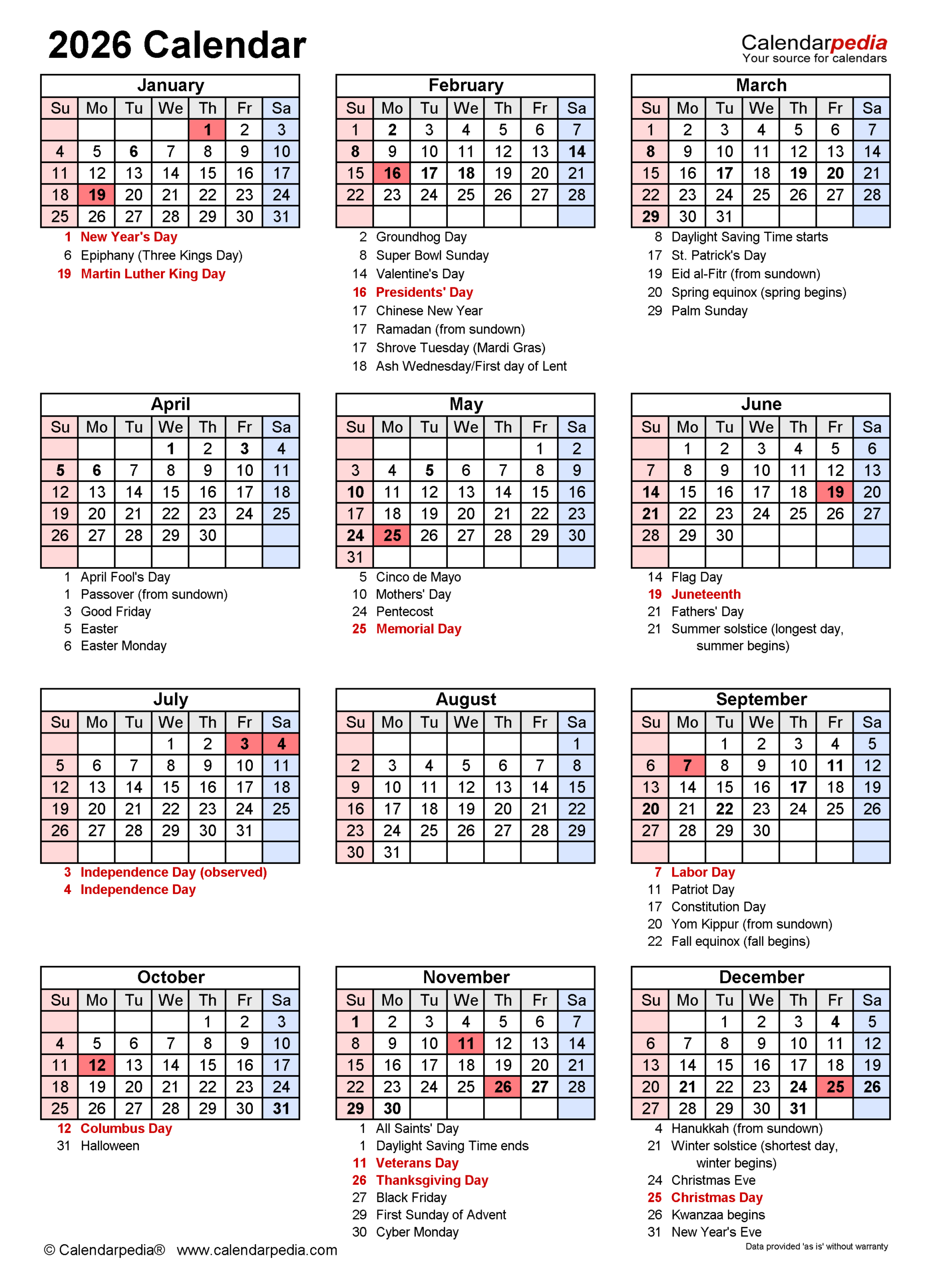 Wiki Calendar 2026 With Holidays Printable