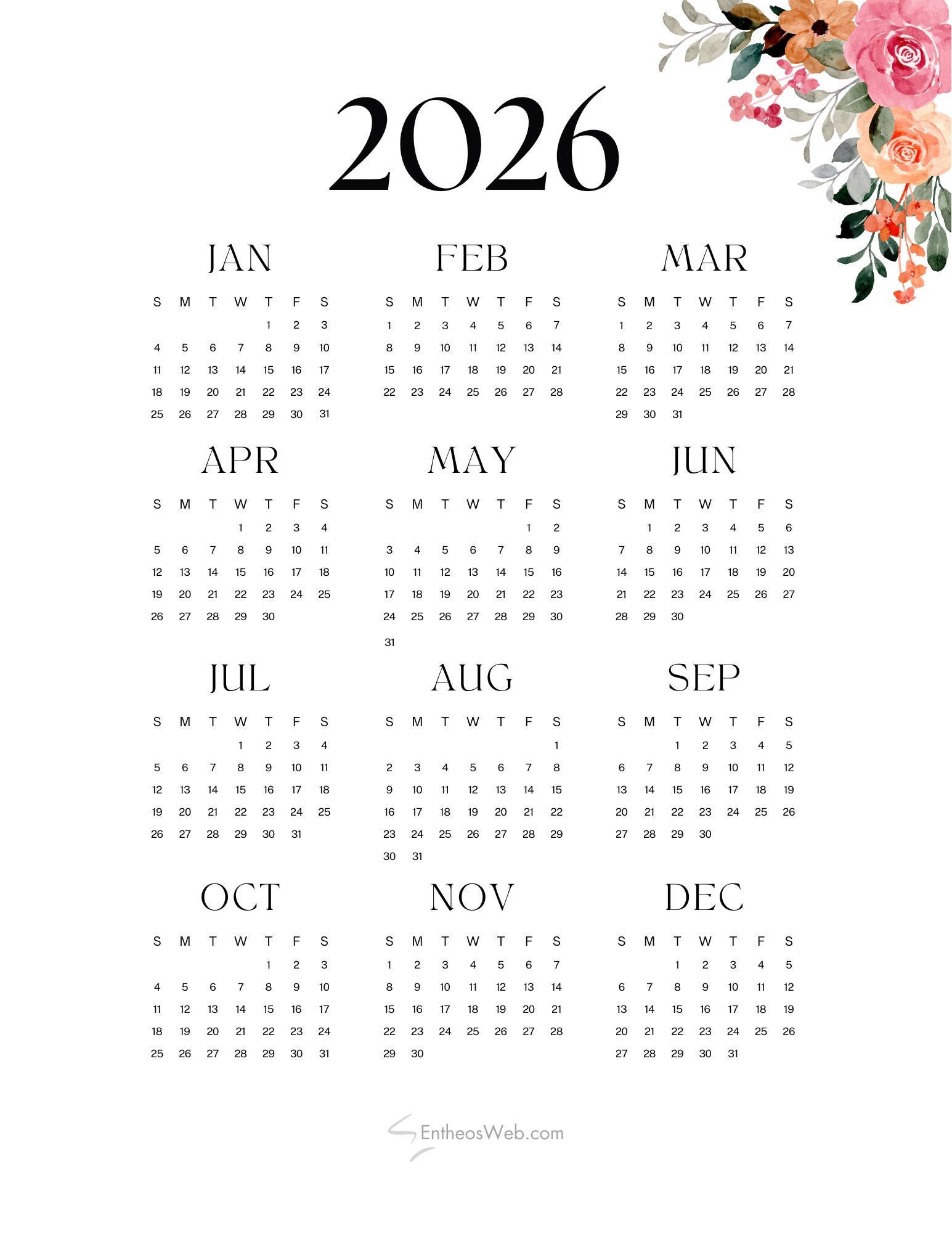 One Page 2026 Calendar Printable Free
